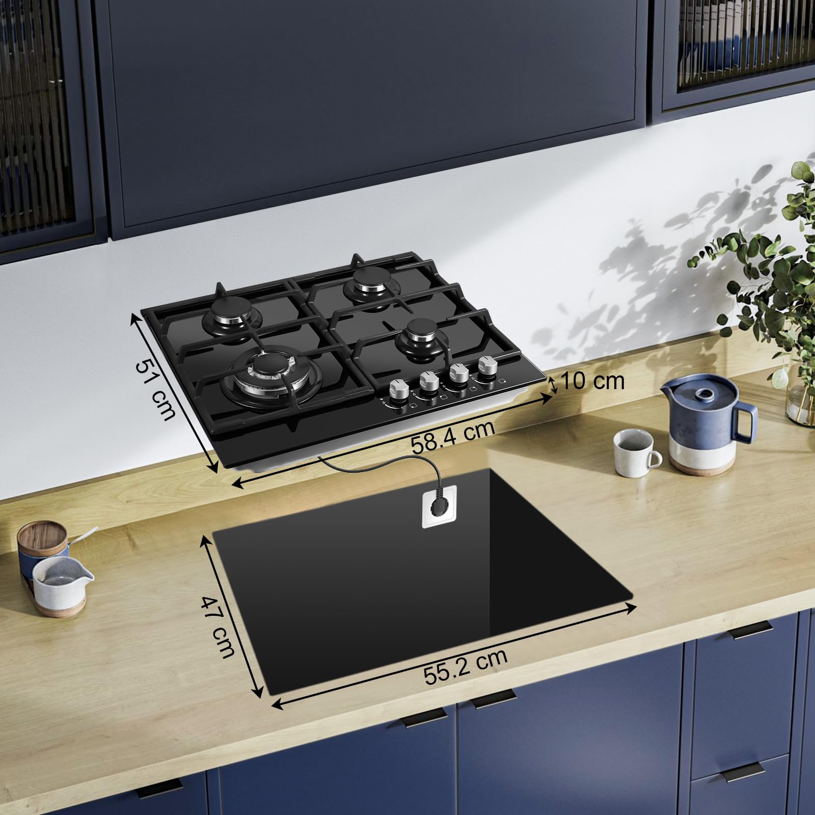SNDOAS piano cottura 4 fuochi gas, piano cottura vetro con protezione automatica della fiamma, gas naturale e gas propano, nero, 8060 W, 220-240 V