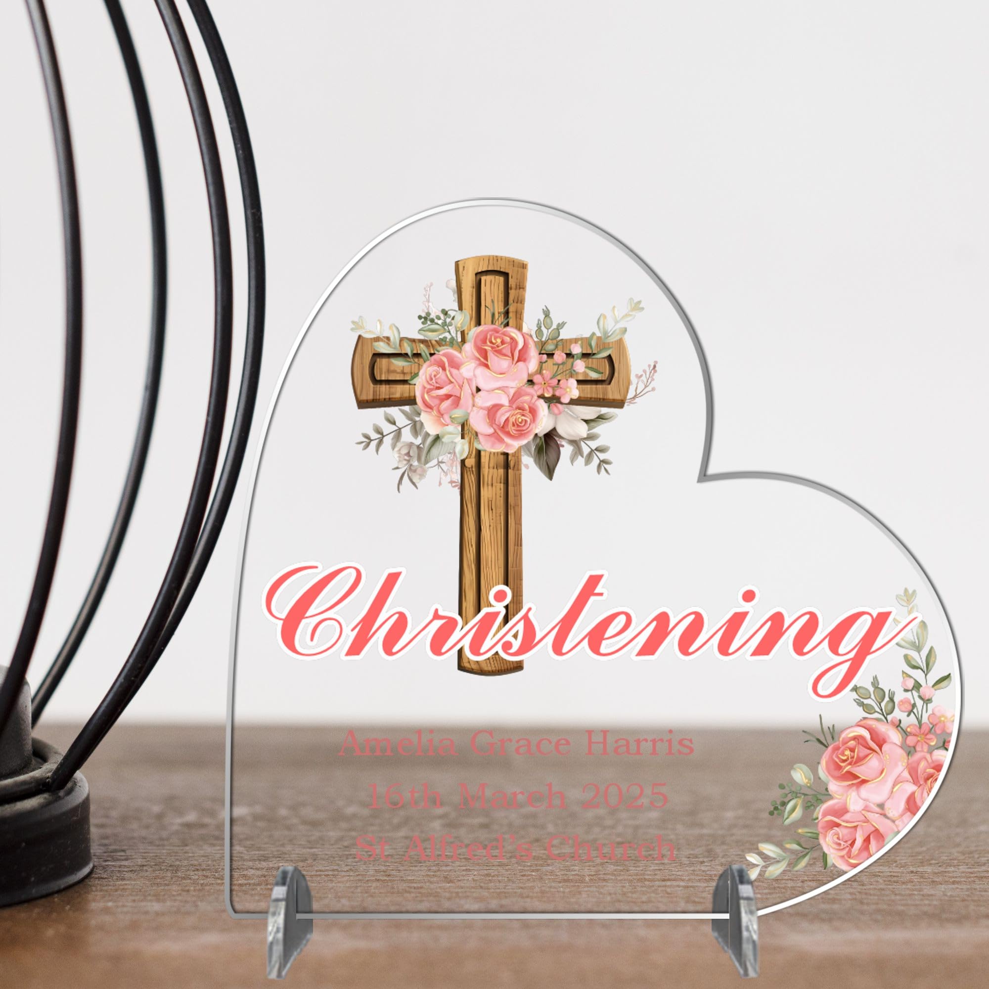 Elegant Baptism Keepsake - Personalised Christening, Communion or Confirmation Heart Plaque - Custom Religious Gift with Floral Cross (Christening, Acrylic - Small - 8.5cm x 8cm)