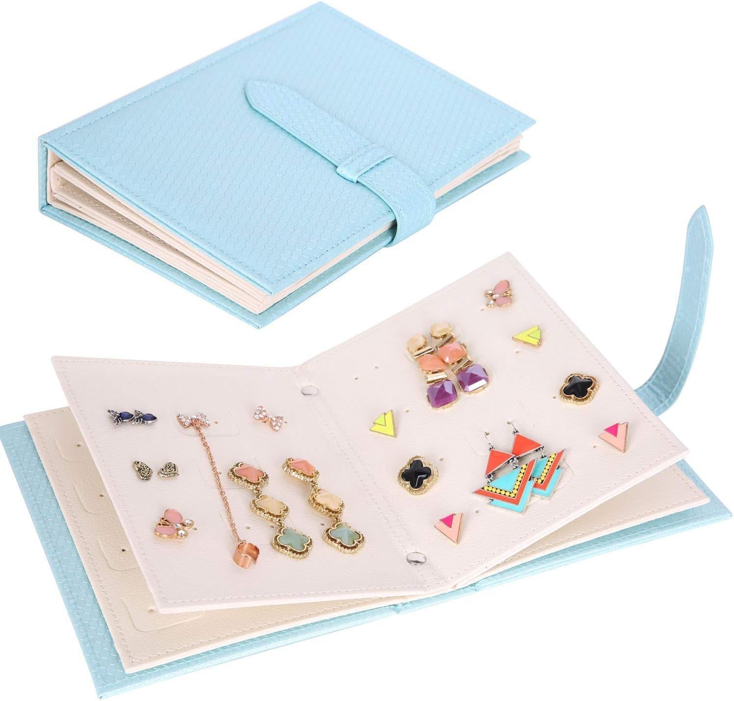 YiluanaYiluana Jewelry Organizer, Portable Earring Holder Pu Leather Travel Jewelry Organizer Case with Foldable Book Design for Girls Women (Blue)