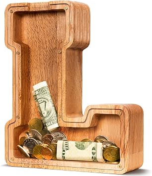 ELX Wooden Piggy Bank for Kids Boys, Personalized Letter Money Bank, Safe & Durable Savings Box for Toddlers Girls, Gifts for Birthday Holiday Christmas