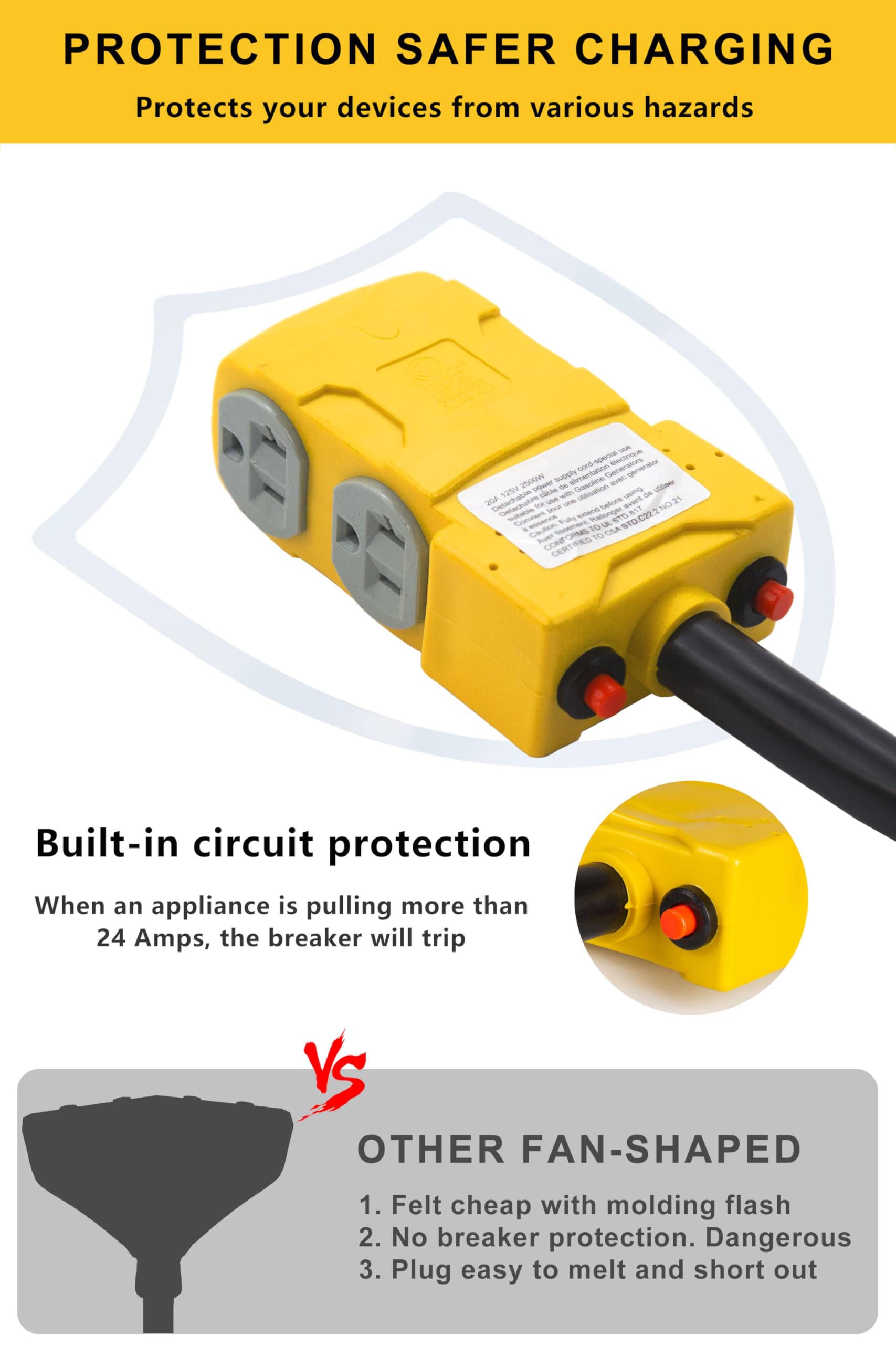 Adaptador de distribución de 50 amperios a 20 amperios 110 V RV, NEMA 14-50P a 4 x 5-20R/15R RV, 4 puntas a mutiple toma de hogar con interruptor de circuito de 20 amperios, 1.5 pies