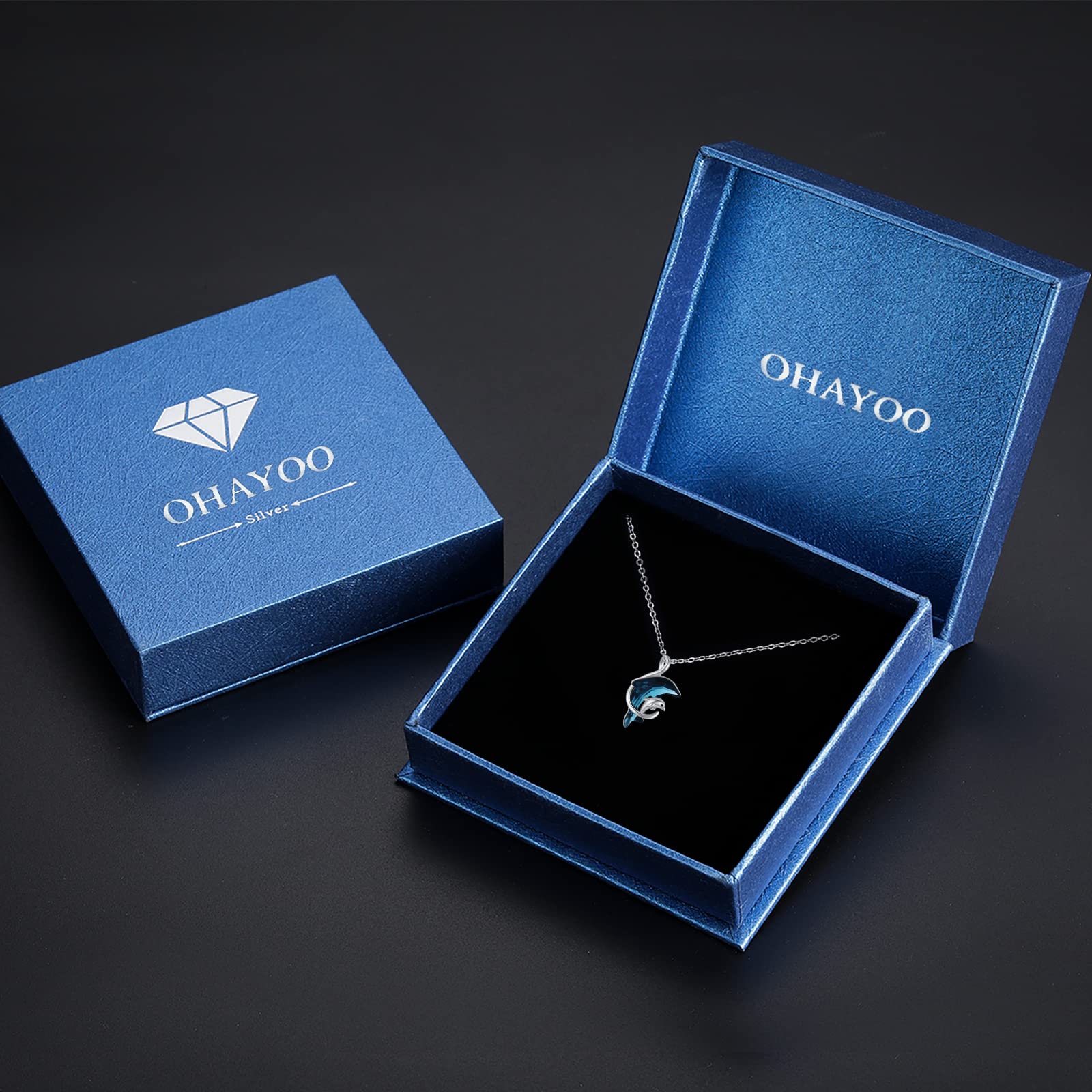 OHAYOO Delphin Kette 925 Sterling Silber Delphin Anhänger Halskette mit Blau Kristall Tier Kette Delphin Schmuck Weihnachten Geschenke für Damen Frauen