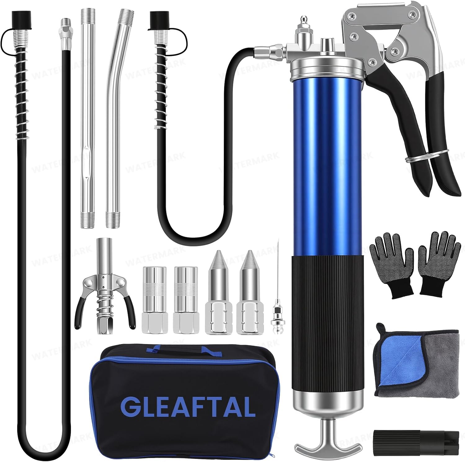 Heavy Duty Grease Gun Kit, 8000 PSI Pistol Grip Grease Gun, 14 oz Capacity, Includes case, 11&18 Inch Resin Flex Hose, 2 Basic Coupler, 1 Double Handle Coupler and more accessories for grease uses
