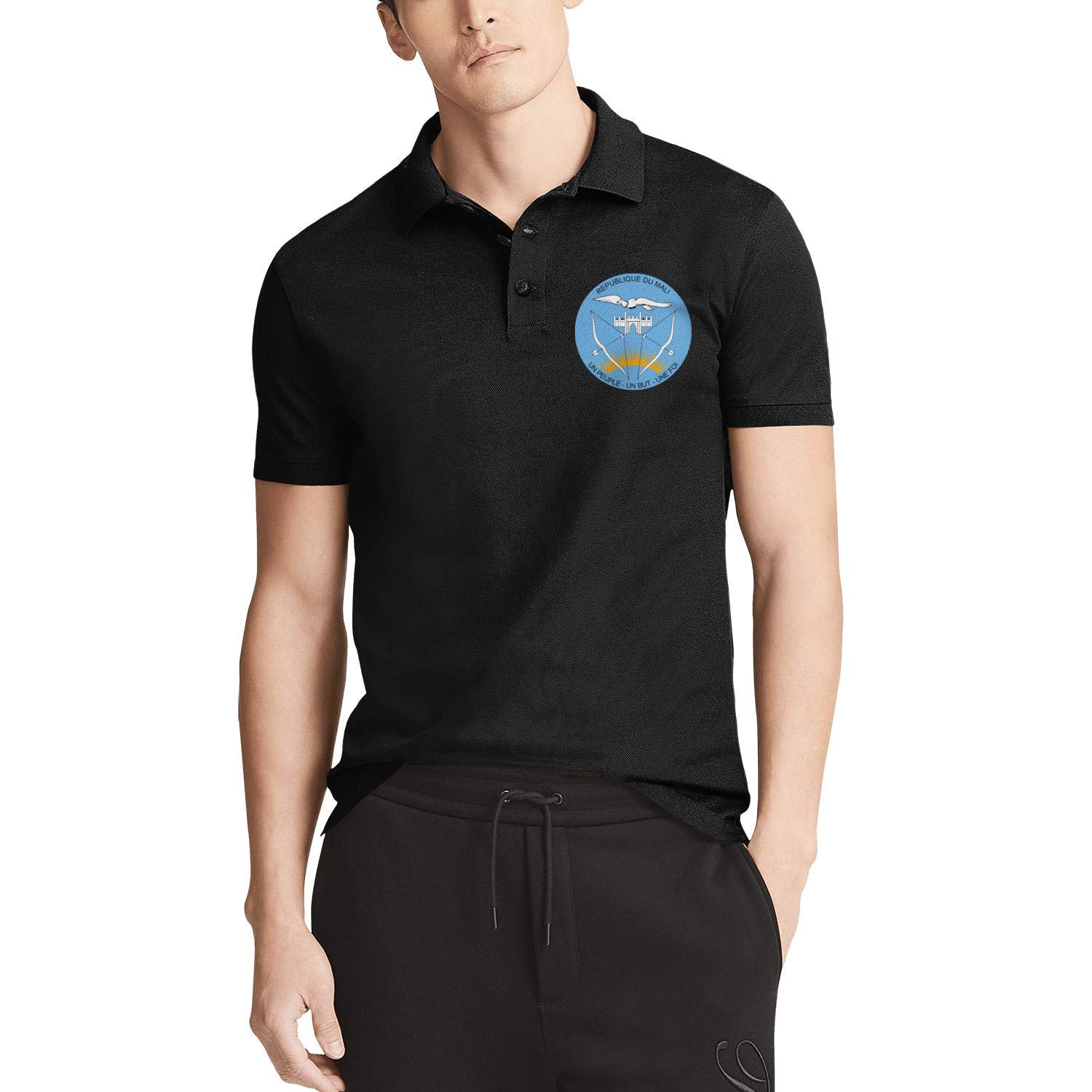 Men's Black Short Sleeves Mali-The-Official-Emblem-Republique- Collar Polo Shirt Outdoor Tee Tops