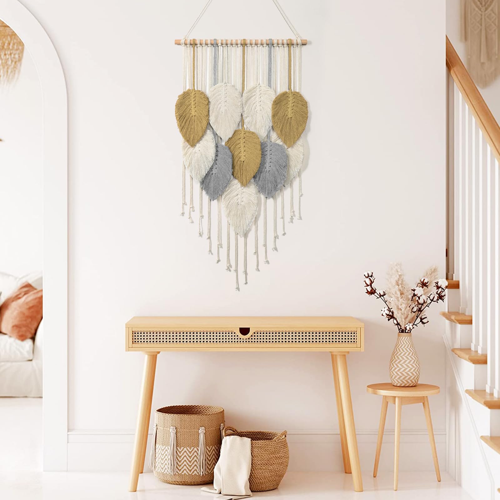 Déco Murale Macramé LOMOHOO Lot De 2 - Style Bohème Chic - 100% Coton Avec Pompons - Pour Salon/Chambre