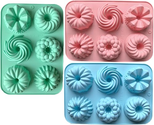 3 moldes de silicona para hornear donas, moldes para donas multicolores, diseños de 6 cavidades en forma de flor y remolino, adecuados para