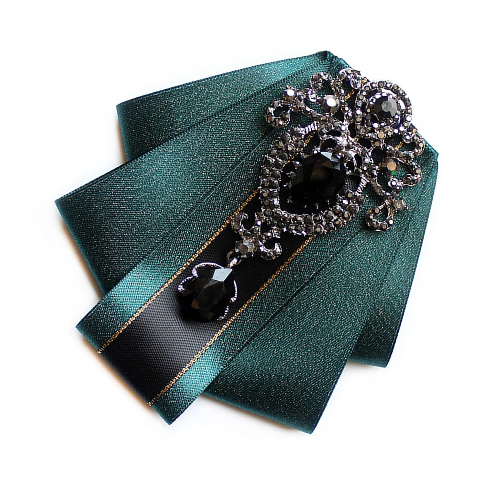 Montesy Men's Malachite Green Wo Silk Ribbon Bowtie Brooch Pin Wedding Crystal Rhinestones Vintage Bowknot Clip Shirt Collar Pretied Necktie Polyester Silk Ribbon Cravat