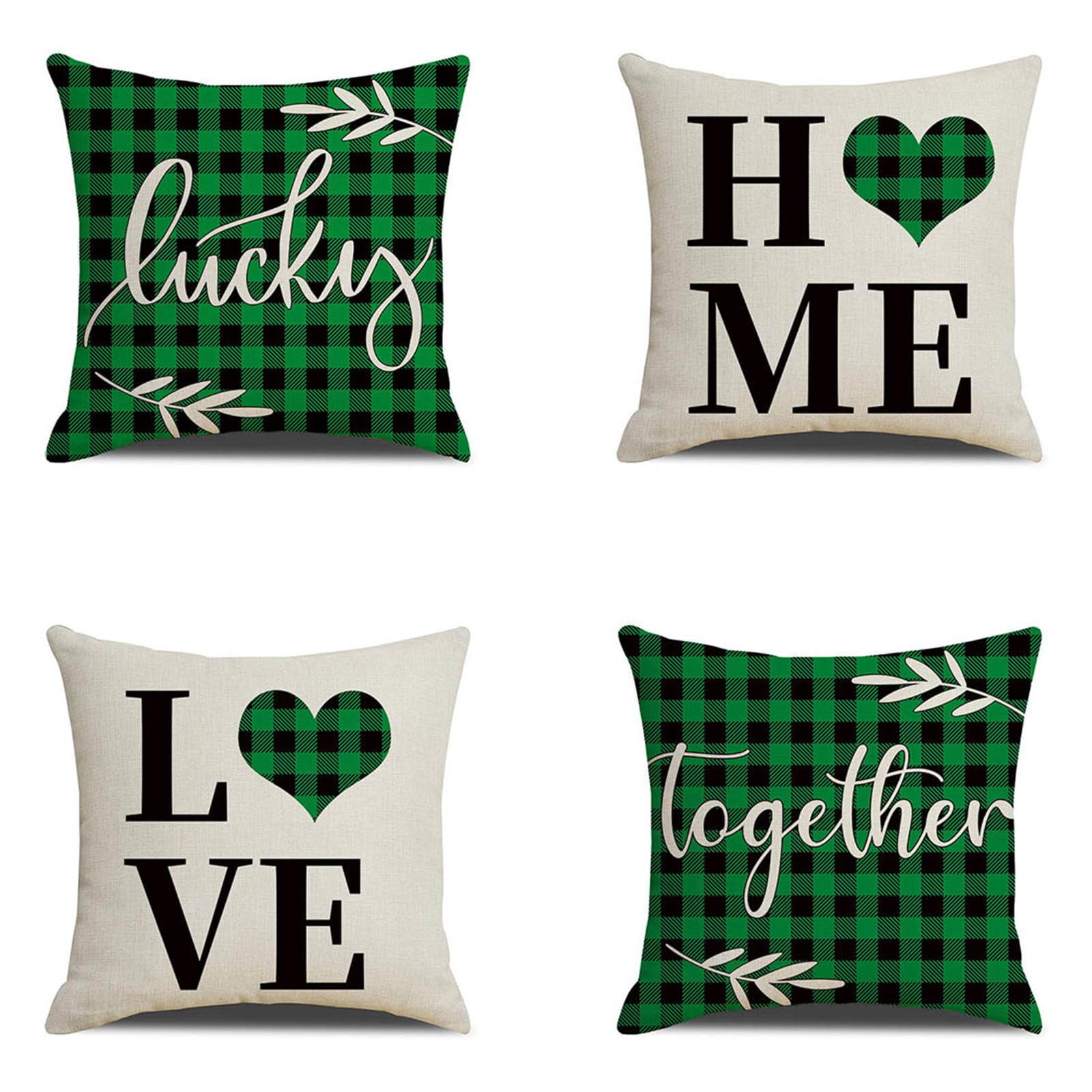 Housses de coussin 80x80cm Green Love en lin pour canapé salon et chambre, lot de 4