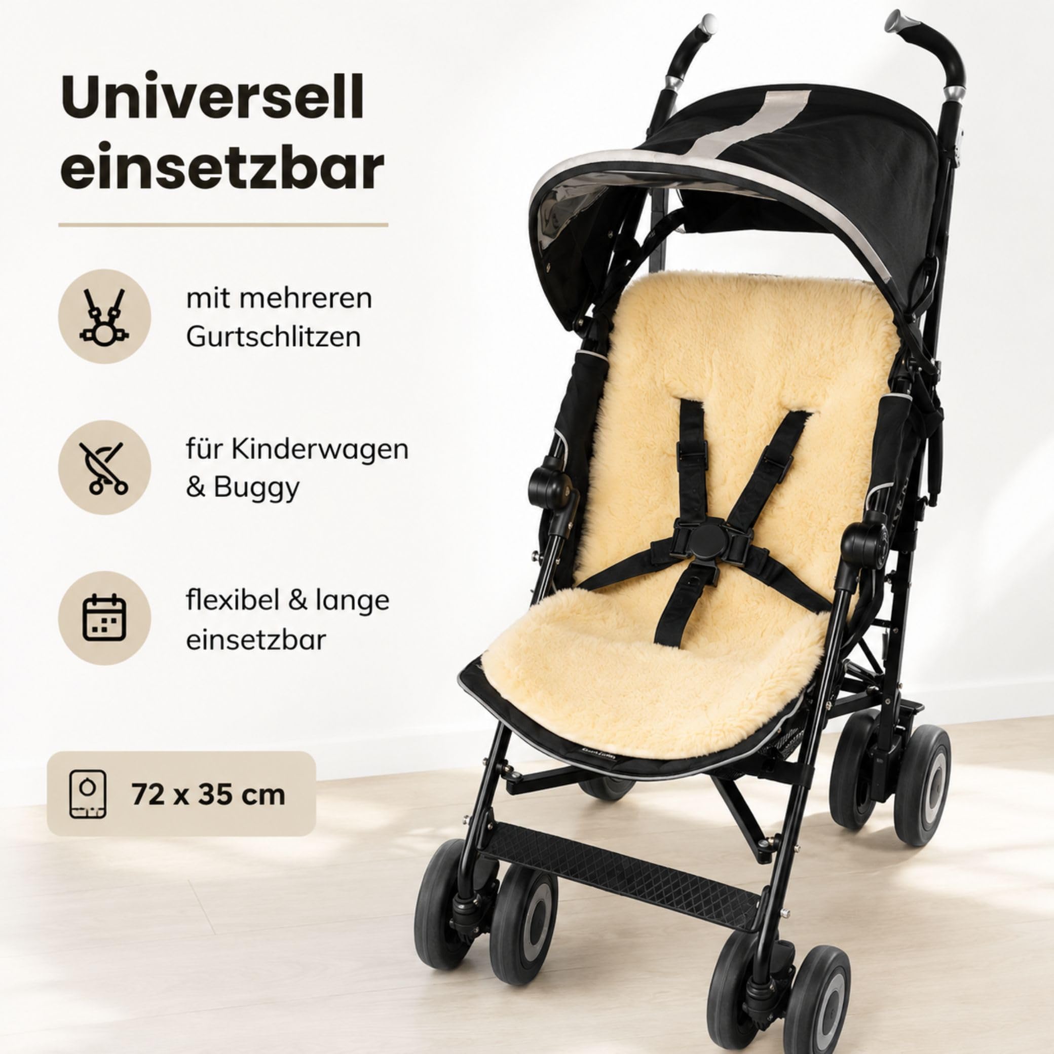 Hofbrucker Lammfell Kinderwagen Sitzauflage - Atmungsaktive Sitzauflage für Buggy Kinderwagen, Gurtschlitze, Waschbar bei 30°C, Sitzverkleinerer Inkl. Baumwoll-Windel