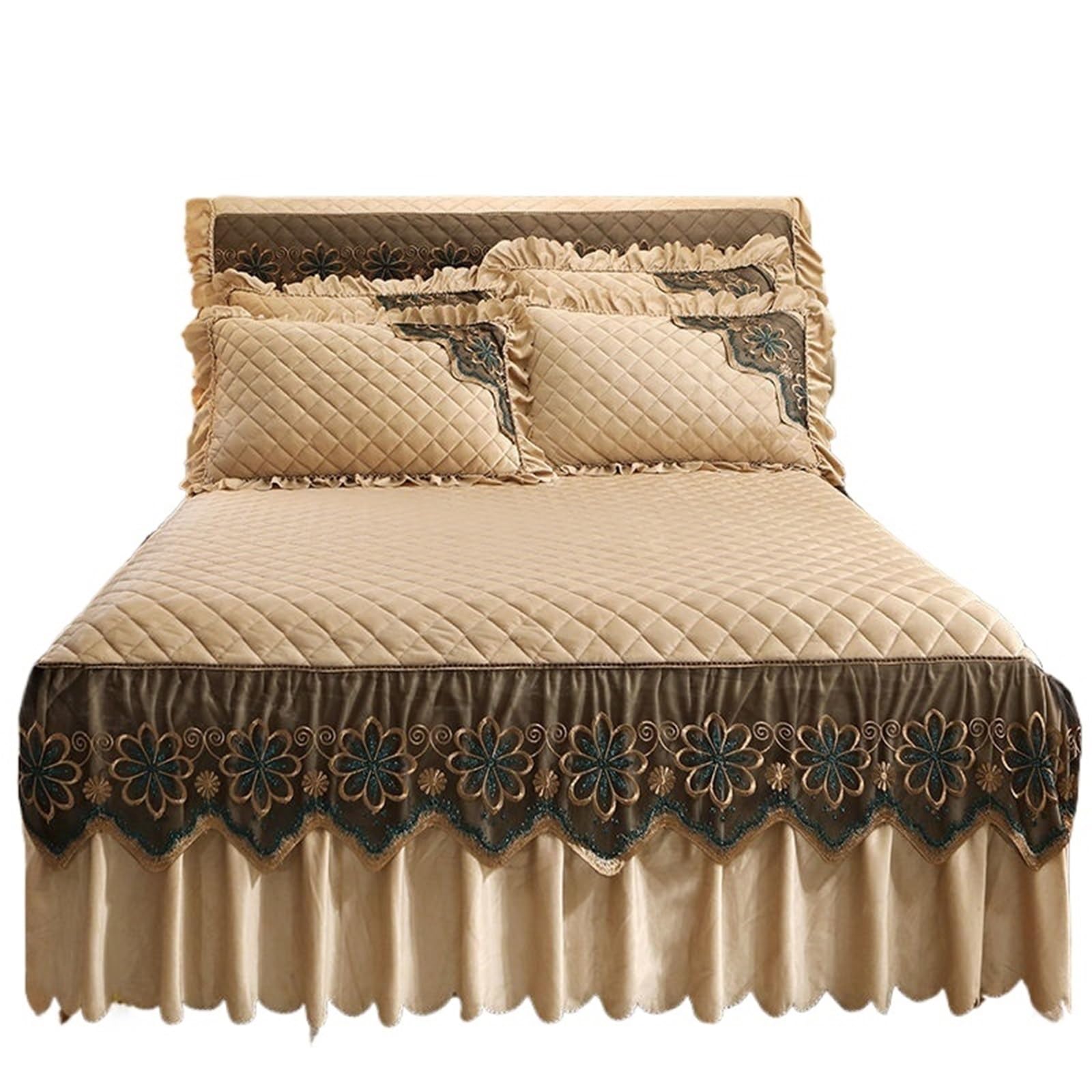 Quilted Bed Skirt Winter Warm Thicken Velvet Bedspread King Good Hand Feeling Not Included Pillowcase(Khaki,1pc Skirt 180x200cm)