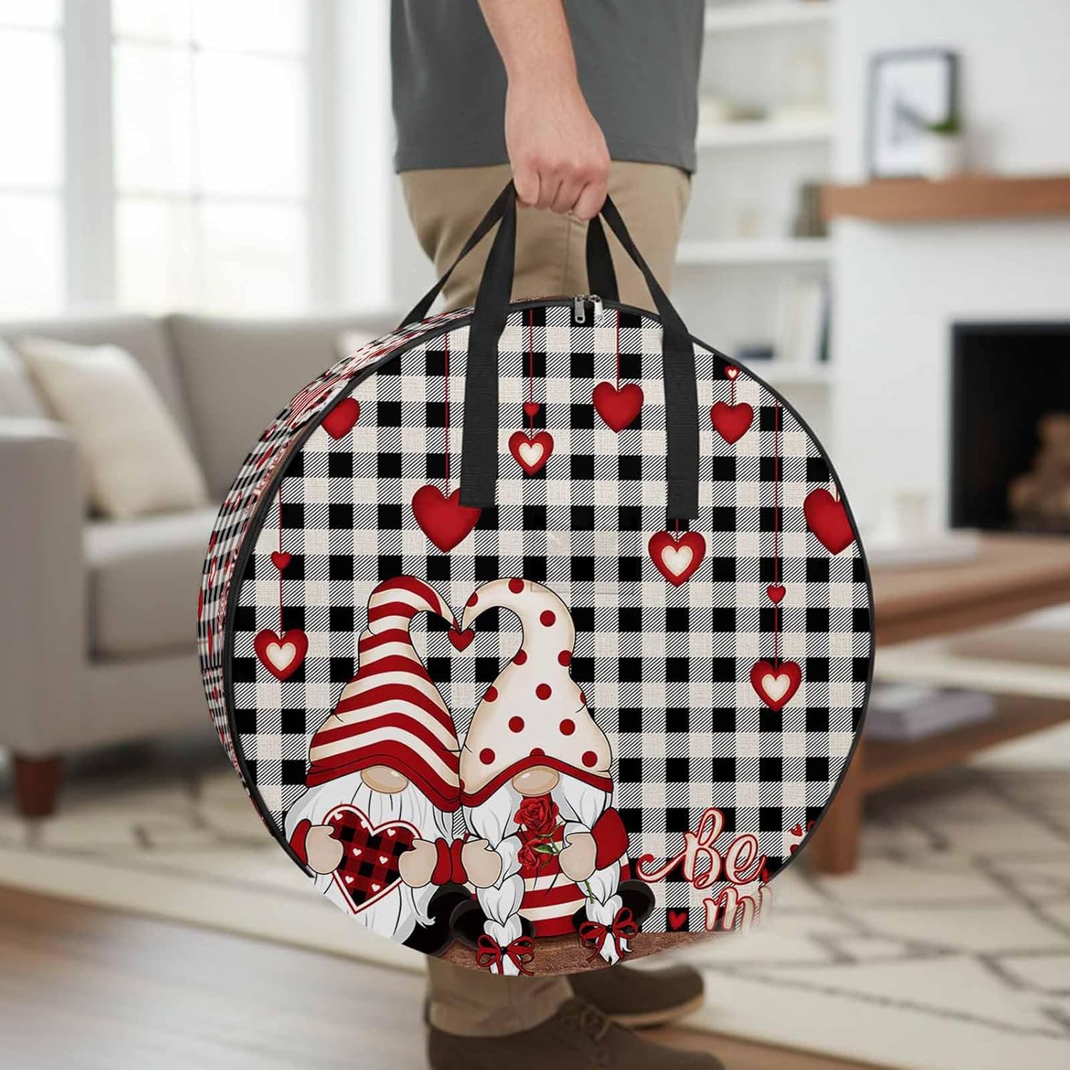 Valentine's Day Round Storage Bag 36 Inch, Be Mine Love Gnome Red Heart Rose Floral Black White Plaid Clothes Storage Container with Handles Heavy Duty Organizer for Comforter, Bedding&Holiday Wreaths