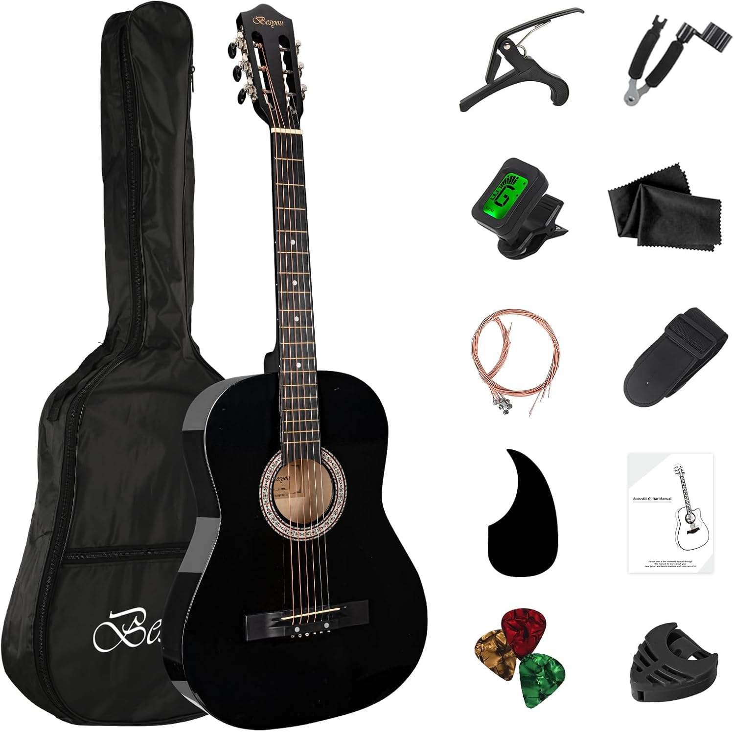 38in Beginner Guitar Acoustic Guitar Basic Starter Kit Tuner Capo Strings Winders Strap Picks Student Kids Adults Guitar Pickguard with Gig Bag