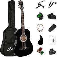 Vista 13 de Kit básico de iniciación de guitarra acústica de viaje de 96.5 cm para principiantes, con afinador, cejilla, cuerdas, enrolladores de cuerdas