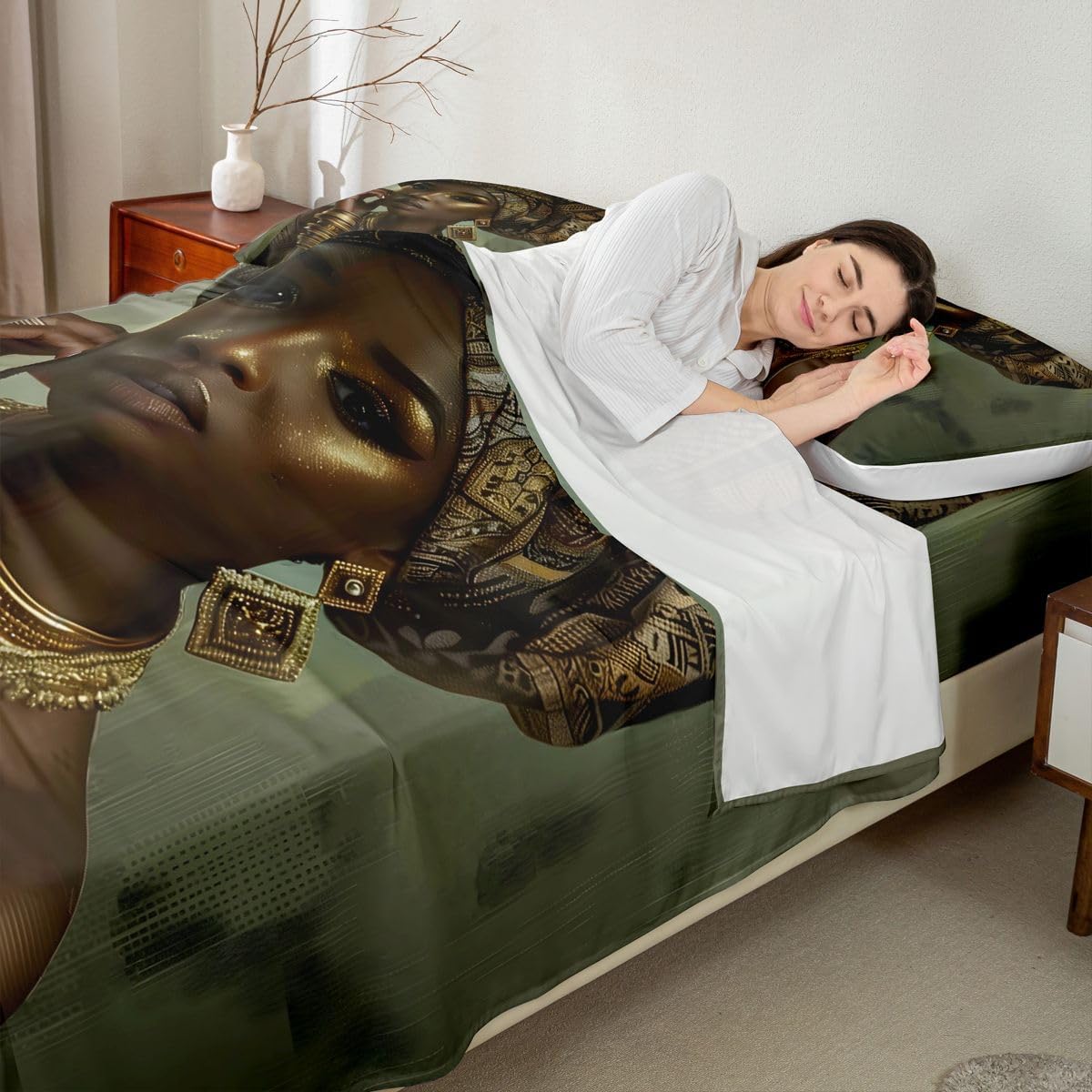 Manfei African Beauty Bed Sheets Set Gold Accessories Portrait Deep Pocket Fitted Sheet Melanin Art Bedding Sets Soft Bed Set 4Pcs with 2 Pillow Cases Kids Boys Girls Full Black Green image 3