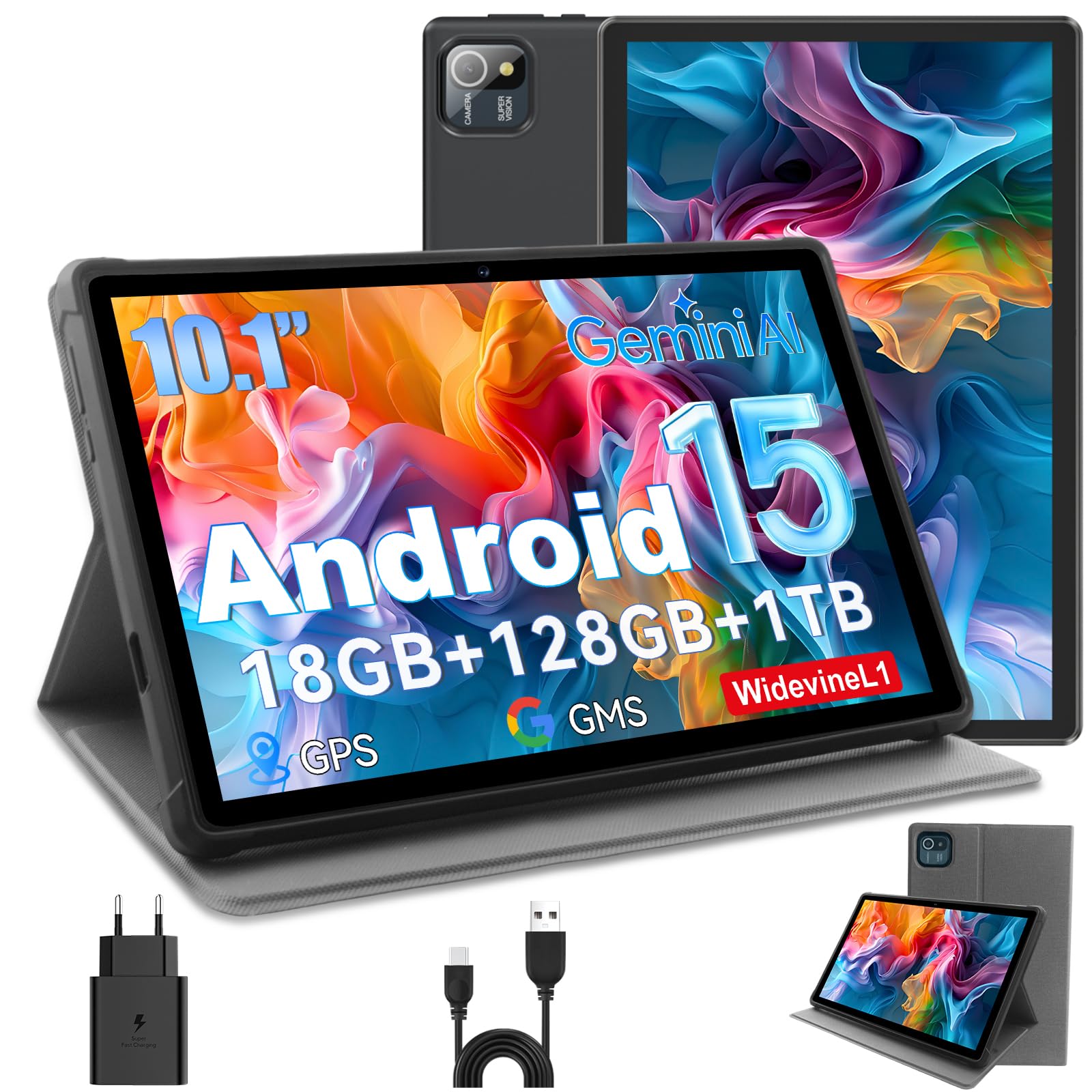 10 Zoll Tablet Android 15 mit Schutzhülle, Octa-Core-Prozessor, 18 GB RAM + 128 GB ROM + 1 TB Erweiterbar, 1280 x 800, 6000 mAh, 5 MP + 8 MP, Wi-Fi 6, BT 5.2, Schwarz