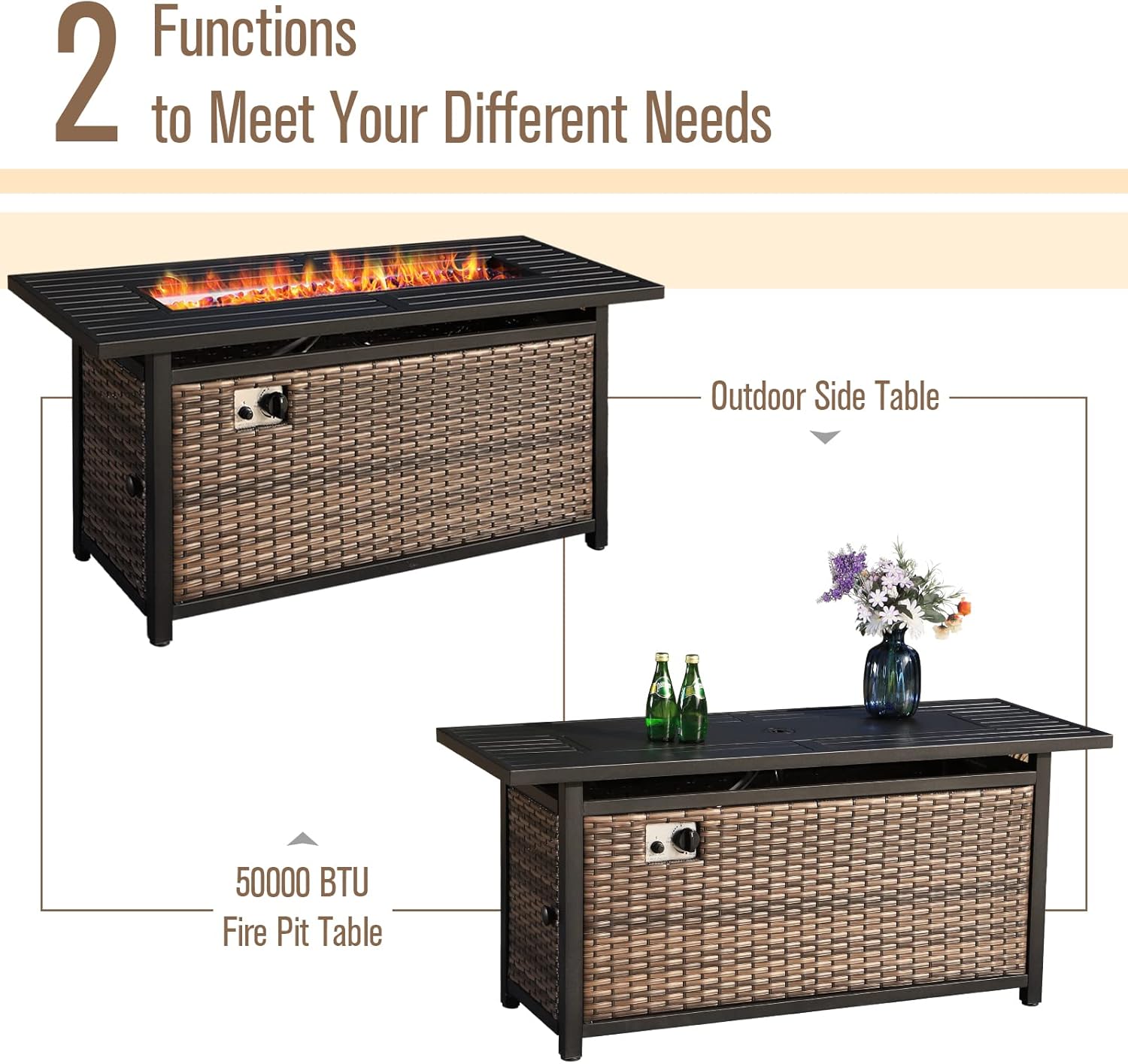 MFSTUDIO 56 Inch PE Rattan Gas Fire Pit Table,50000 BTU Rectangular Outdoor Propane Fire Pit Table with Waterproof Cover and Blue Stone for Patio Courtyard Balcony,Brown
