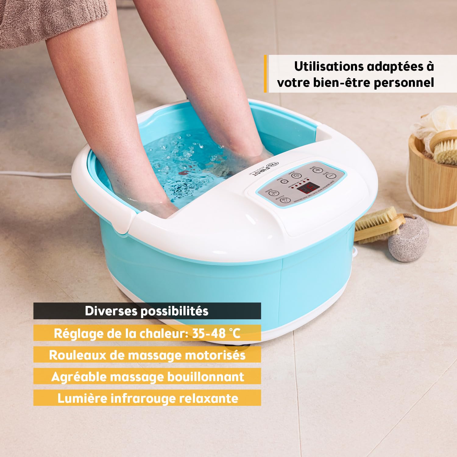 TZS First Austria - Hydromasseur plantaire 450W avec 3 programmes & 6 rouleaux massage - Bain de pieds électrique avec massage par vibration & bulles d'air, avec infrarouges & chauffage - Avec timer