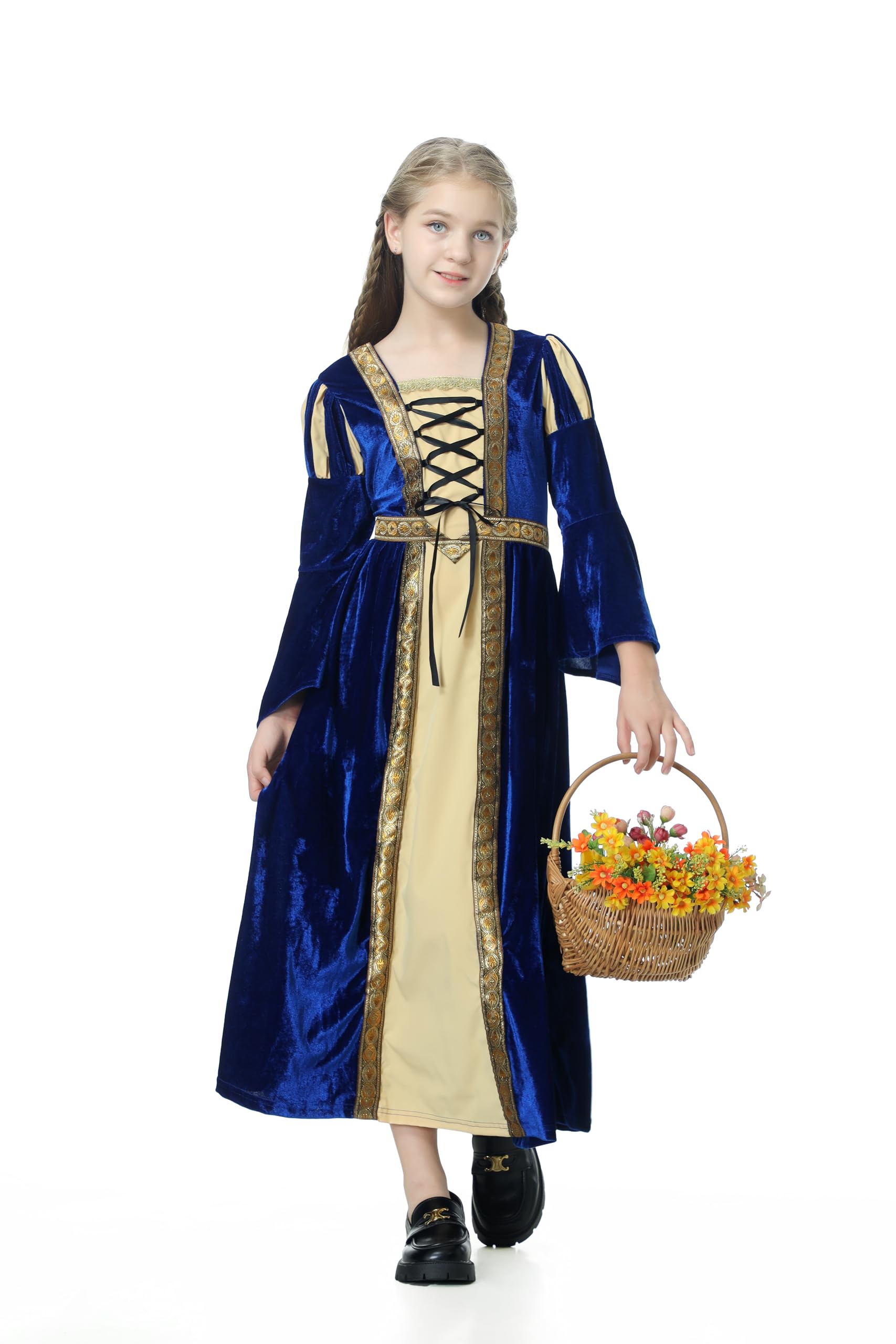 DELIVESS Girls Medieval Dress Renaissance Princess for Kids Halloween Drawstring Outfit Costume (Dark Blue, 6-8Y)