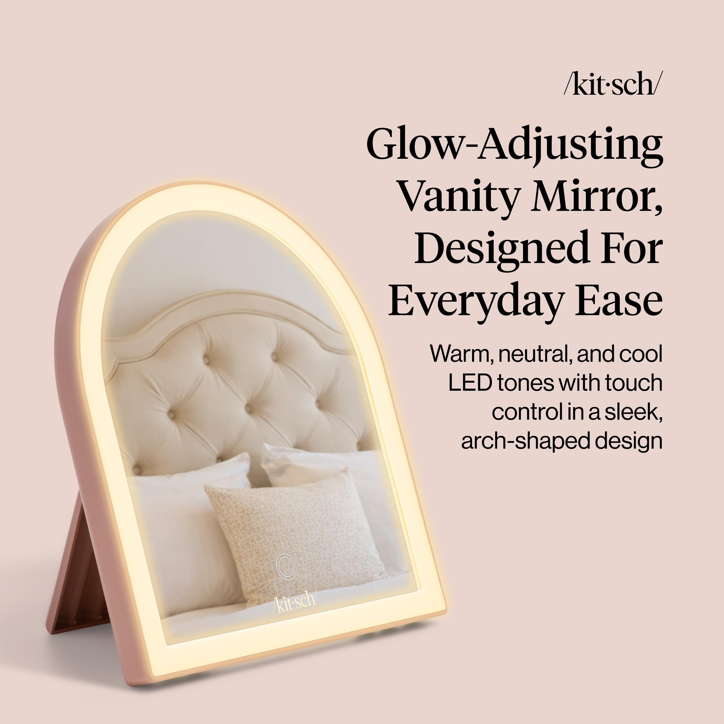 Kitsch Specchio da scrivania ad arco con luci, superficie per trucco a LED, sensore touch, dimmerabile, luce calda neutra fredda, specchio da scrivania ricaricabile con cavalletto, per viaggi
