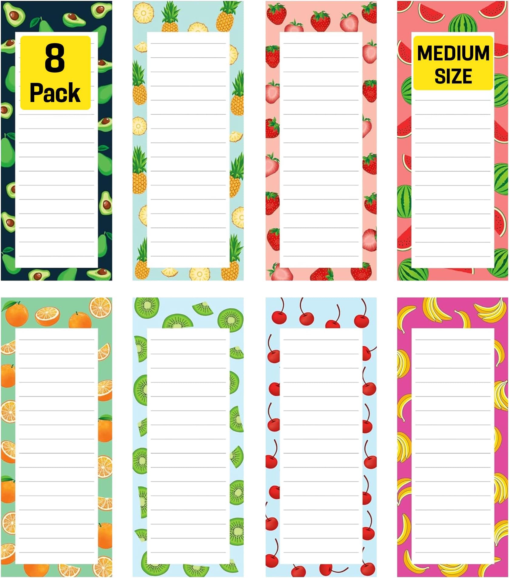 8 Magnetic Notepads โ Notepads for Grocery List, Shopping List, To-Do List, Reminders -Strong Magnetic Back- Memo Notepad with Realistic Fruit Designs | 25 Sheets per Pad 7.5 x 3.5 inch (8 Pack)