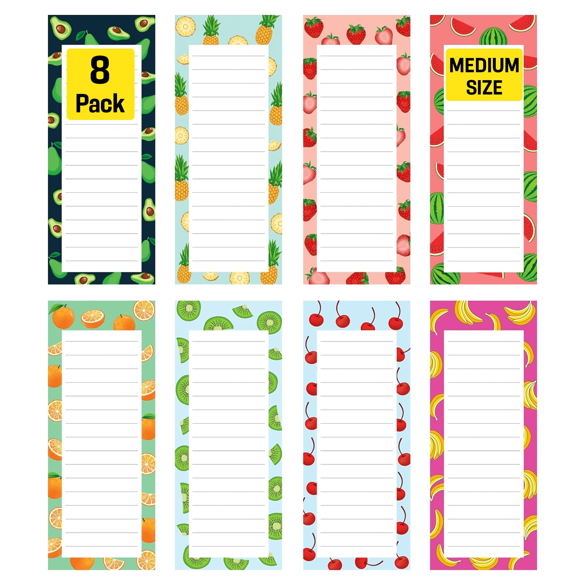 8 Magnetic Notepads – Notepads for Grocery List, Shopping List, To-Do List, Reminders -Strong Magnetic Back- Memo Notepad with Realistic Fruit Designs | 25 Sheets per Pad 7.5 x 3.5 inch (8 Pack)
