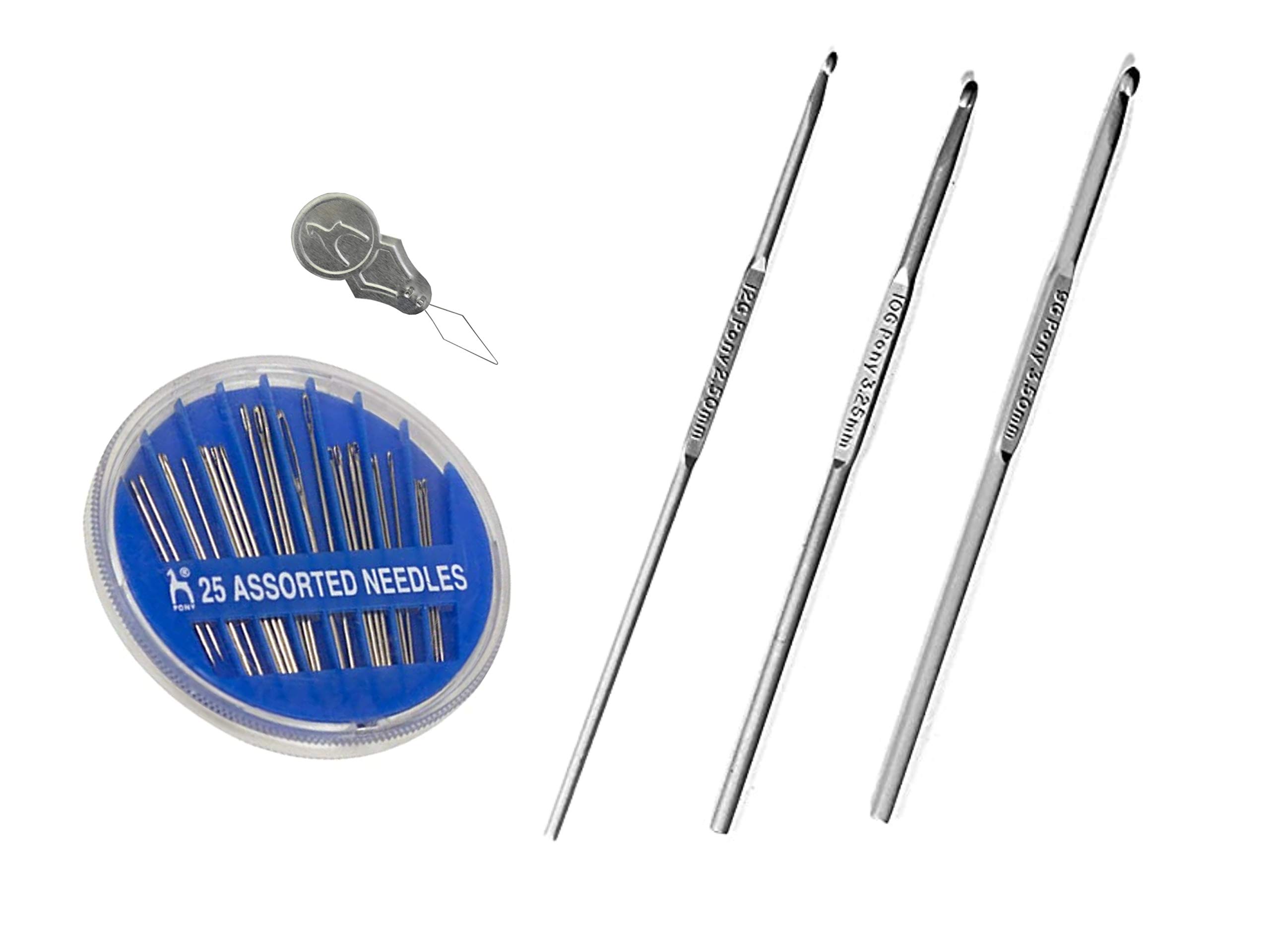PONY Aluminum Crochet Hooks (kiroshiya) Knitting Needles for Sewing Craft (13cm, Size: 9G,10G, 12G) with 25 Pcs Assorted Hand Sewing Needles Pack with Needle Threader-image-43