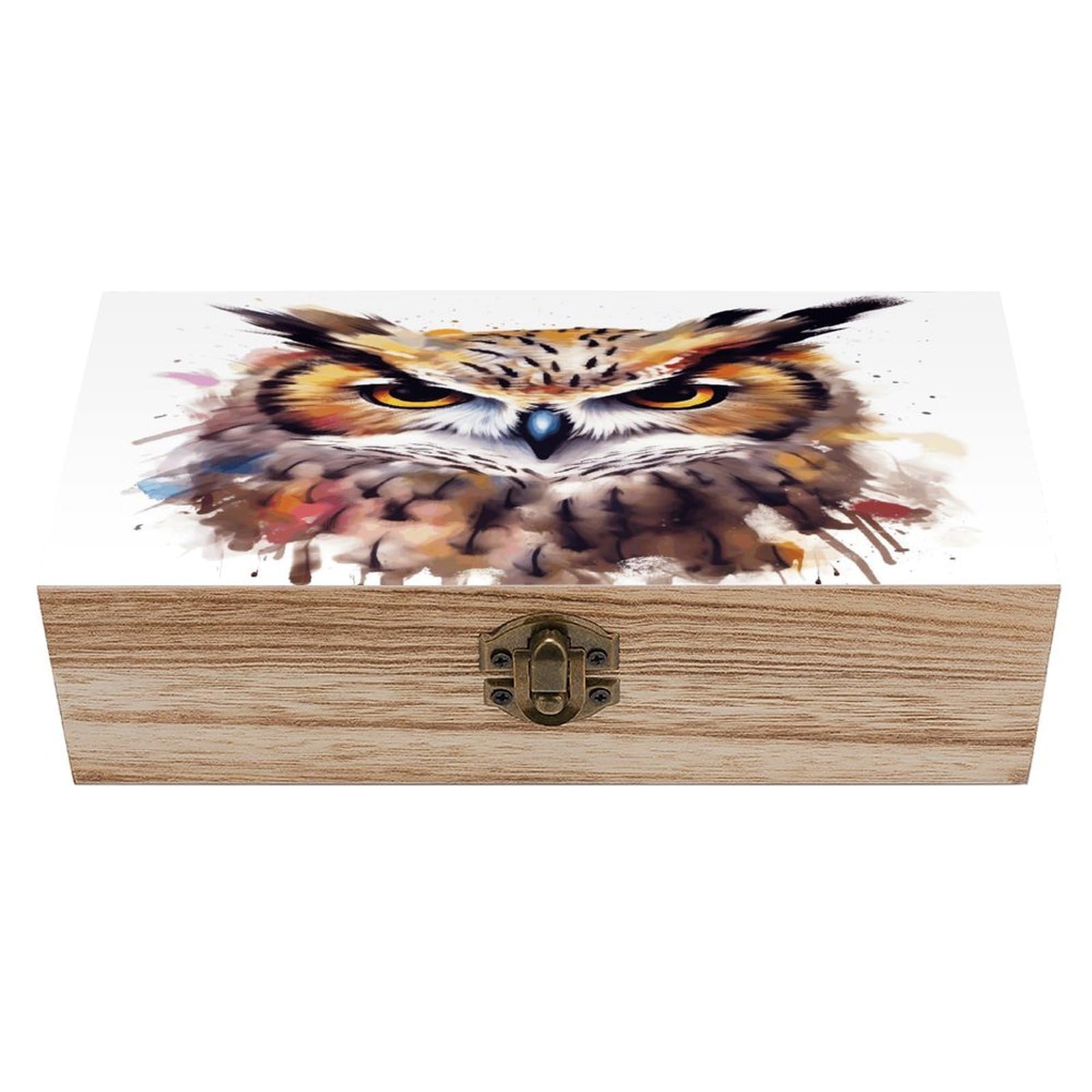 VstaDank Watercolor Cool Owl Head Wooden Keepsake Box with Hinged Lid Solid Wood Gift Boxes Beautifully Keepsake Box Jewellery Organiser Retro Memory Treasure Case with Lids Decorative Boxes