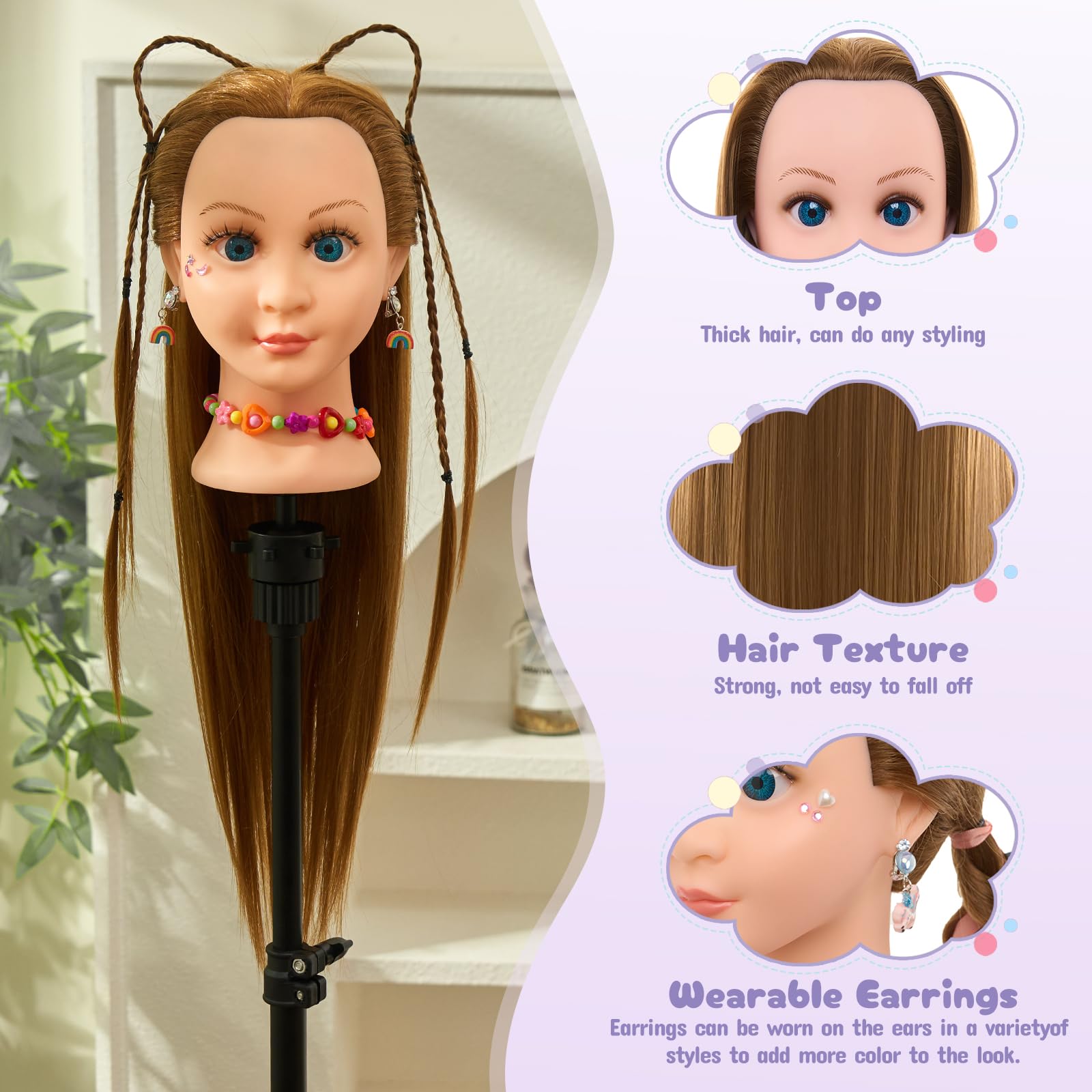 Neverland Beauty 22" Frisierkopf 60% Echthaar Übungskopf - Puppenkopf zum Frisieren Trainingskopf für Friseure mit Klemme und DIY Haare Frisuren Set