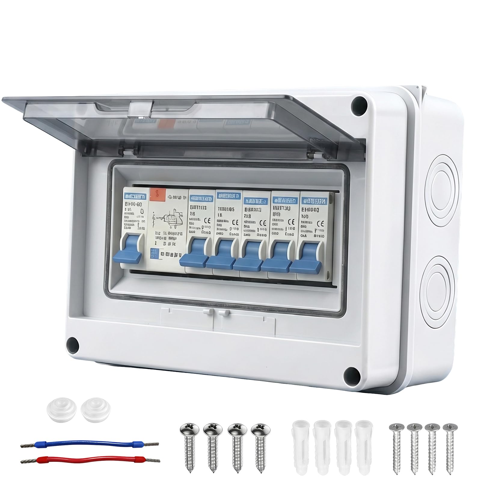 5 Way Consumer Unit Circuit Breaker - IP65 Waterproof Garage Consumer Unit Anti-Leakage Fuse Box for CaravanWorkshopOutbuilding, Distribution Protection Box, 63A 30mA RCD 6A + 6A + 10A + 20A + 32A