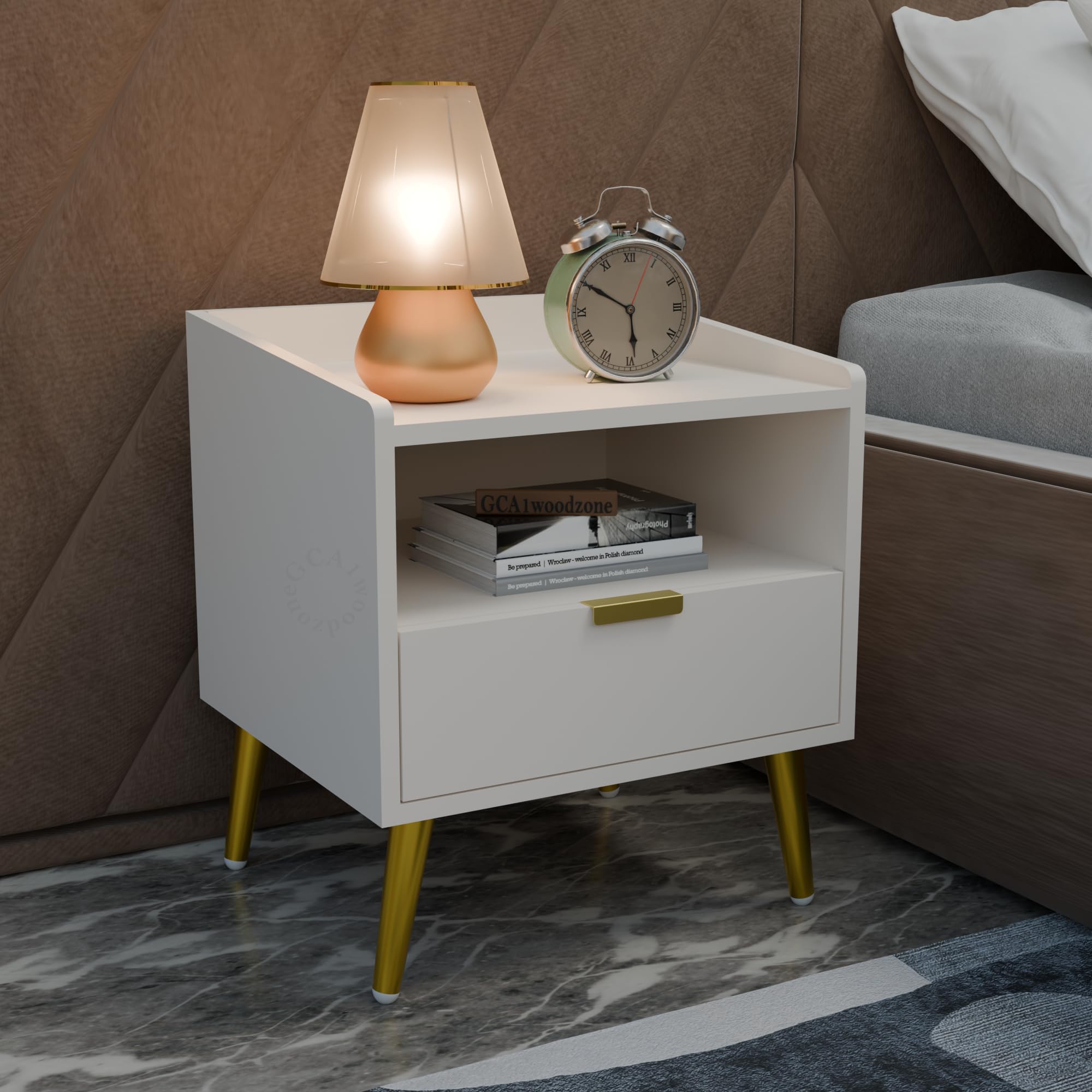 Wooden Solid Bedside Table for Bedroom | Wooden Bed Side Nightstand Lamp Table with 1 Drawers & Open Shelf Storage for Home & Hotels | HDMR Premium Wood & Iron Legs, White-image-15