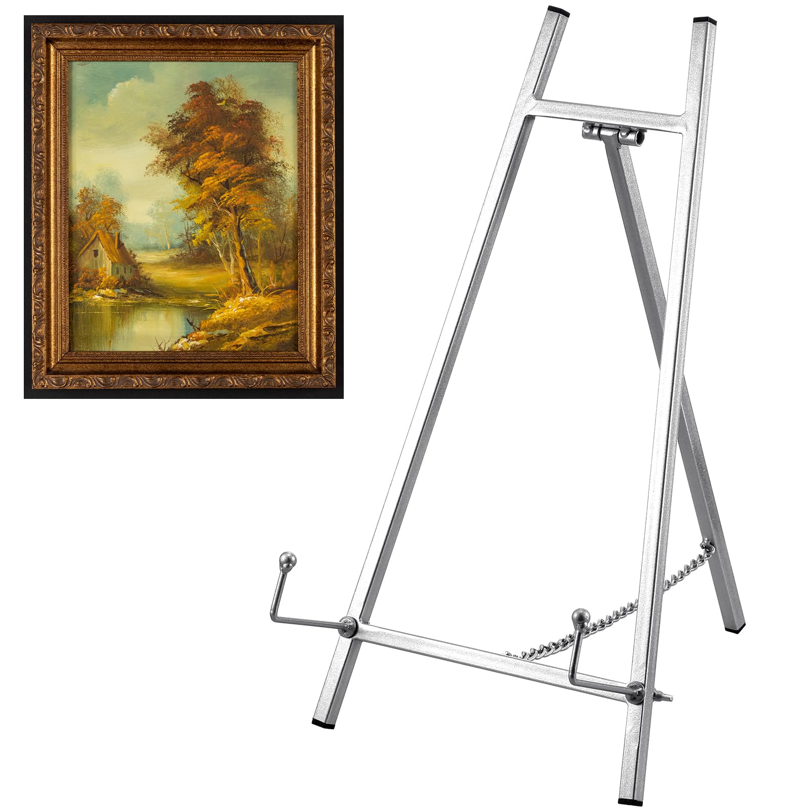 Leinuosen Metal Easel Stand 16.5" H x 8.7" W x 4.3" D Table Top Easel Stand for Display Tripod Art Picture Mirror Modern Plate Holder Floor Stands for Display Book Photo Wedding Sign(Silver)