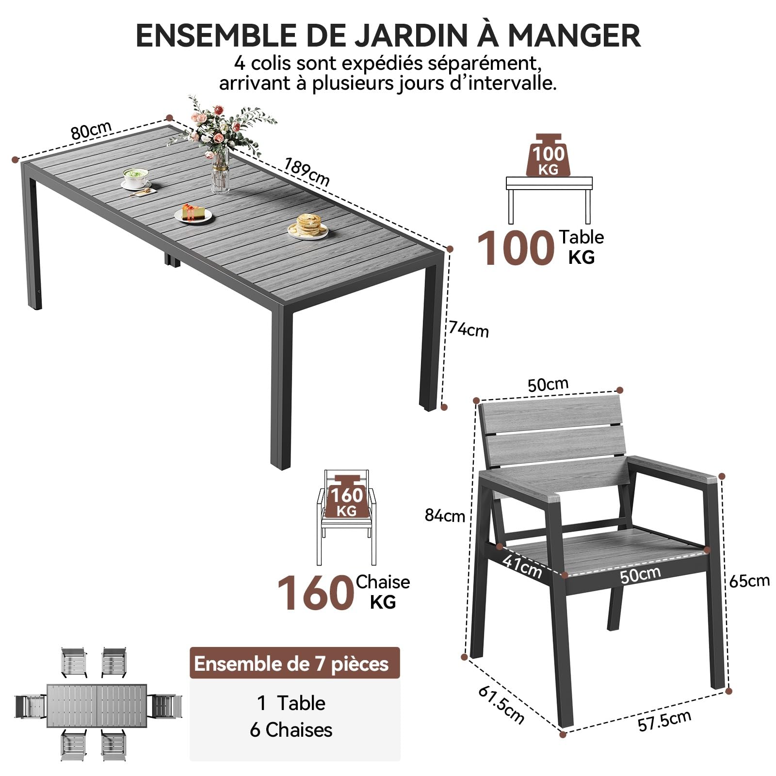 Devoko HDPS Salon de Jardin Exterieur 7 Pièces, Résistance aux Intempéries Ensemble 189 cm Table et 6 Chaise de Jardin Exterieur Aluminium, Finition Grain de Bois et Facile d'entretien(Gris)