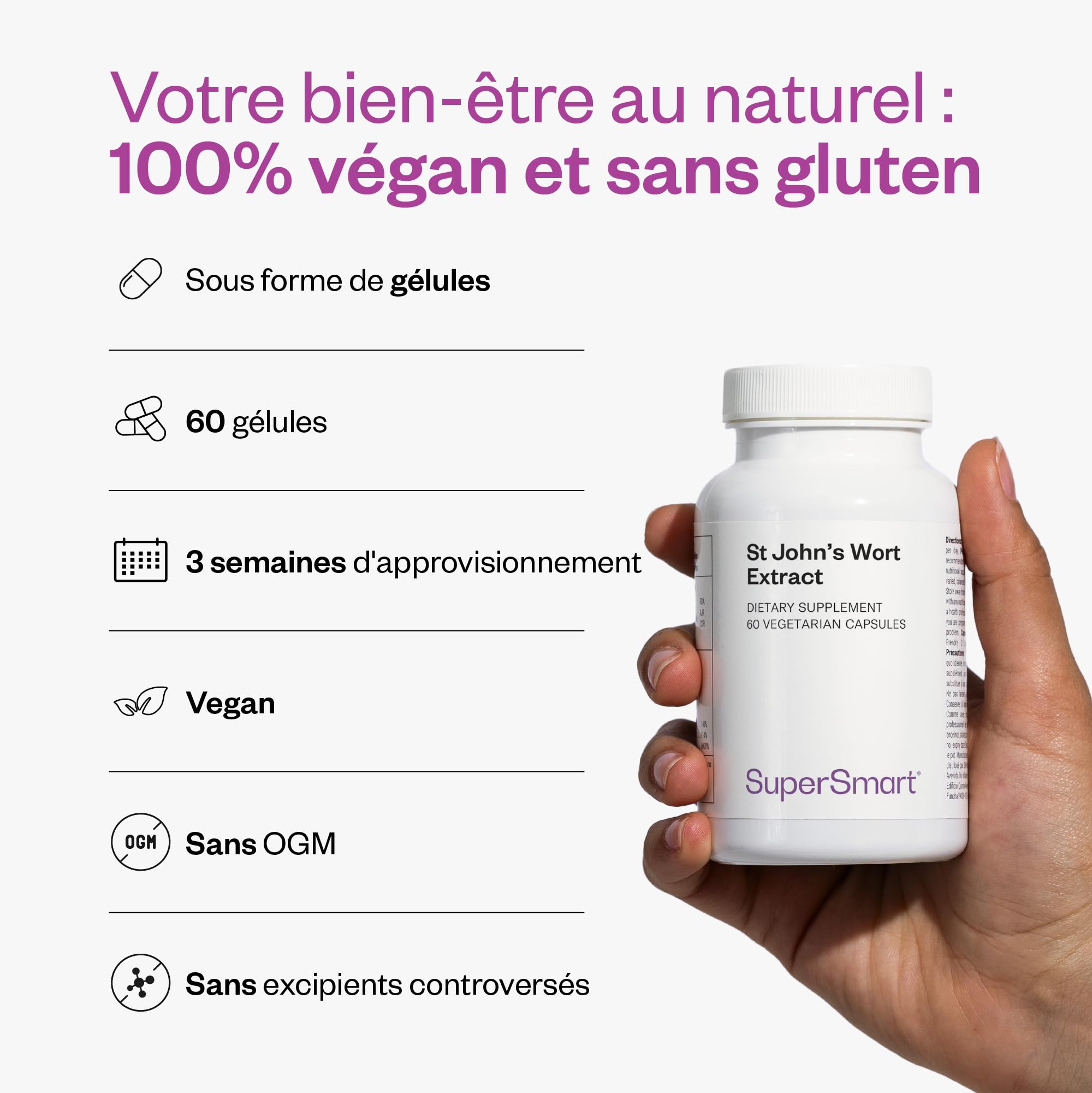 St John's Wort Extract - Extrait de Millepertuis - Concentré d'Hypéricine (0,3%) - Contribue à Améliorer l’Humeur - Aide à Atténuer les Problèmes de Sommeil - Vegan - Sans Gluten - SuperSmart