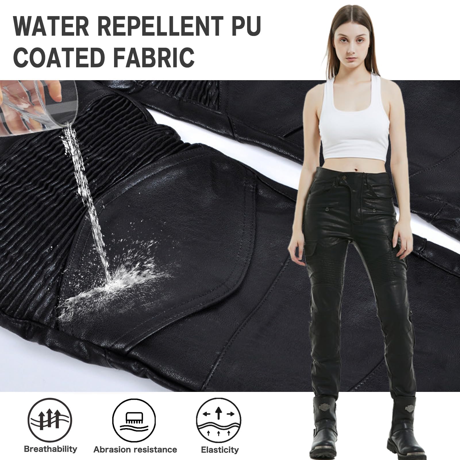 Jeans da moto da donna Pantaloni protettivi per moto Pantaloni da moto rivestiti in PU impermeabili antivento,con 2 paia di protezioni per fianchi e ginocchia rimovibili (Black-C,M)