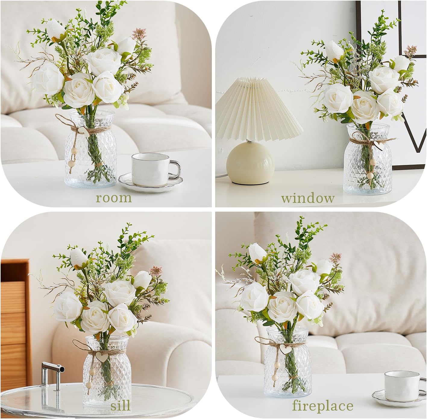 Fake Flowers with Vase, Faux Flowers in Vase, White Silk Rose Artificial Flowers Bulk Arrangements for Home Decor for Living Room Bathroom Office Table Centerpiece Shelf Decorations
