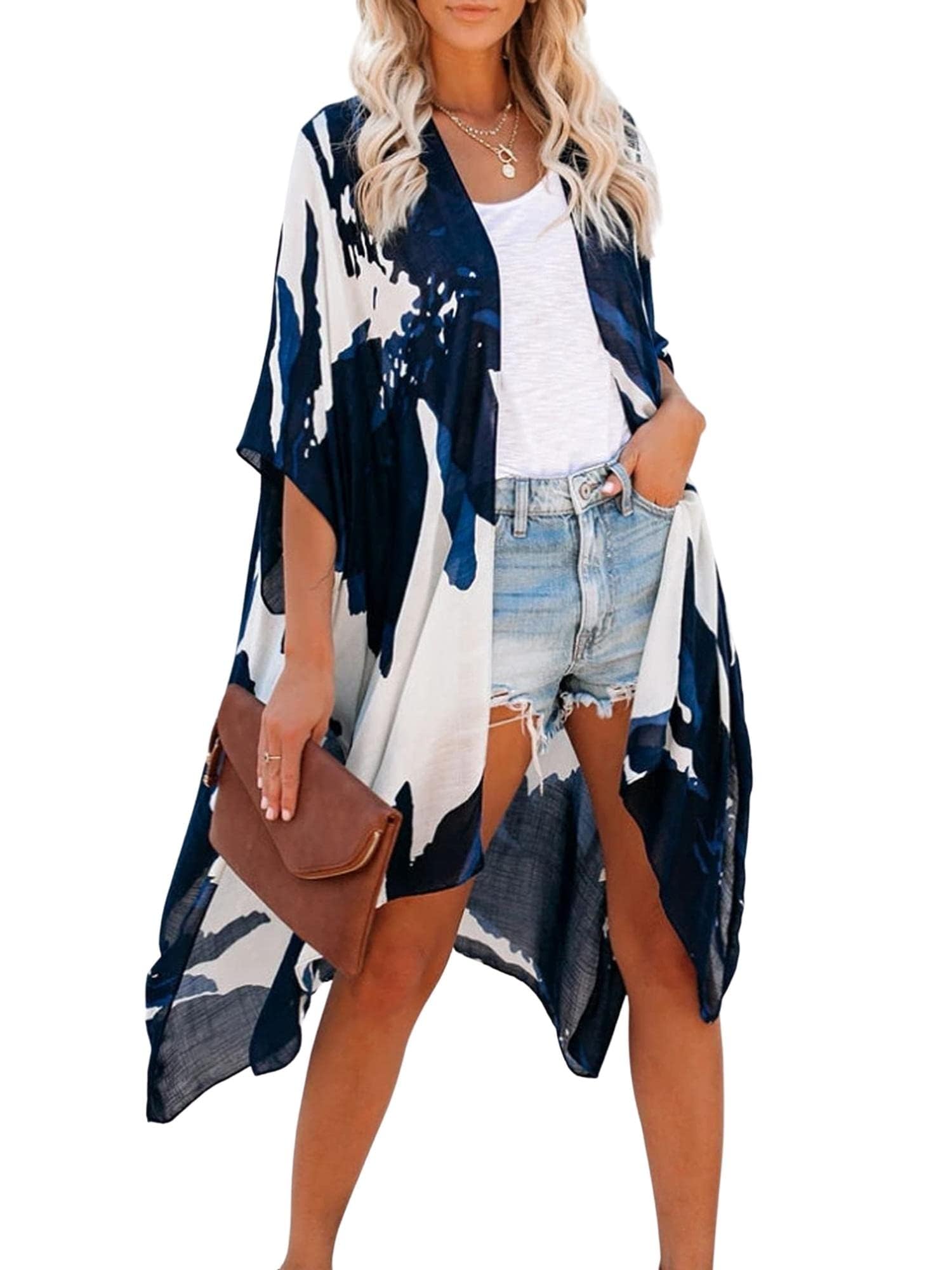breezy lane Cardigan kimono floral pour femme - Cache-maillot de bain décontracté pour les vacances