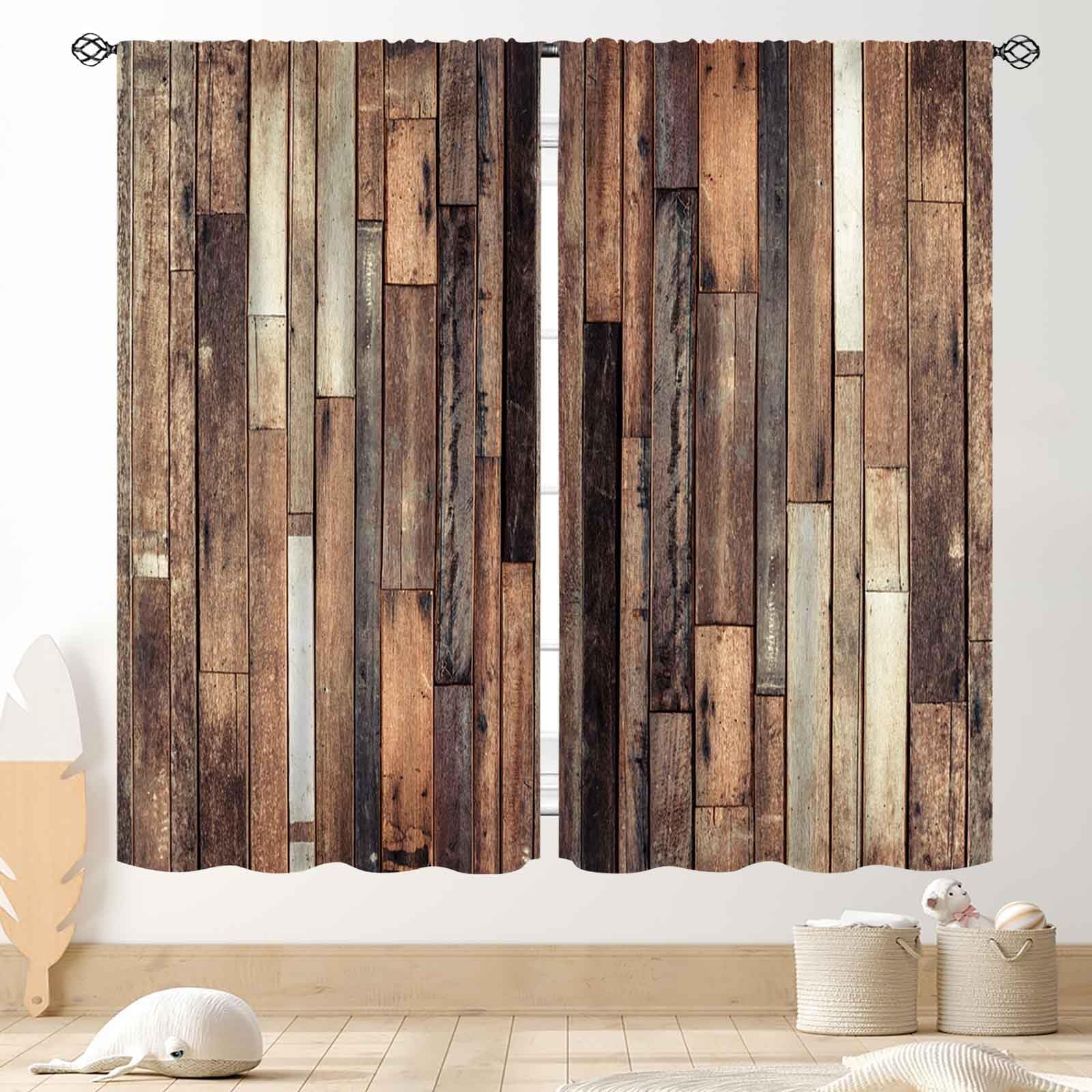 Wooden Curtains, Rustic Brown Wood Board FFarmhouse Country Cottage Western Barnwood Garage Old Plank Drapes Window Curtains for Living Room Bedroom Kitchen 2 Panels, 42"x45" Inch