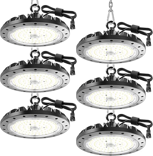 Paquete de 6 luces LED UFO de 200 W, 20000 lm LED de alta bahía con enchufe de 110 V de EE. UU., luz blanca diurna de 6500 K para área de ubicación