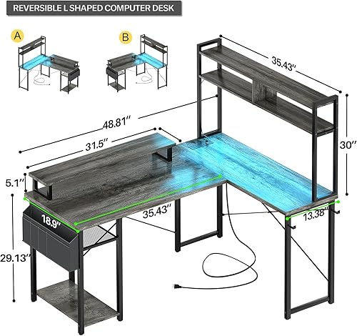 Miniatura 2 de Aheaplus Escritorio pequeño en forma de L para juegos con luces LED y tomas de corriente, escritorio reversible en forma de L con soporte para