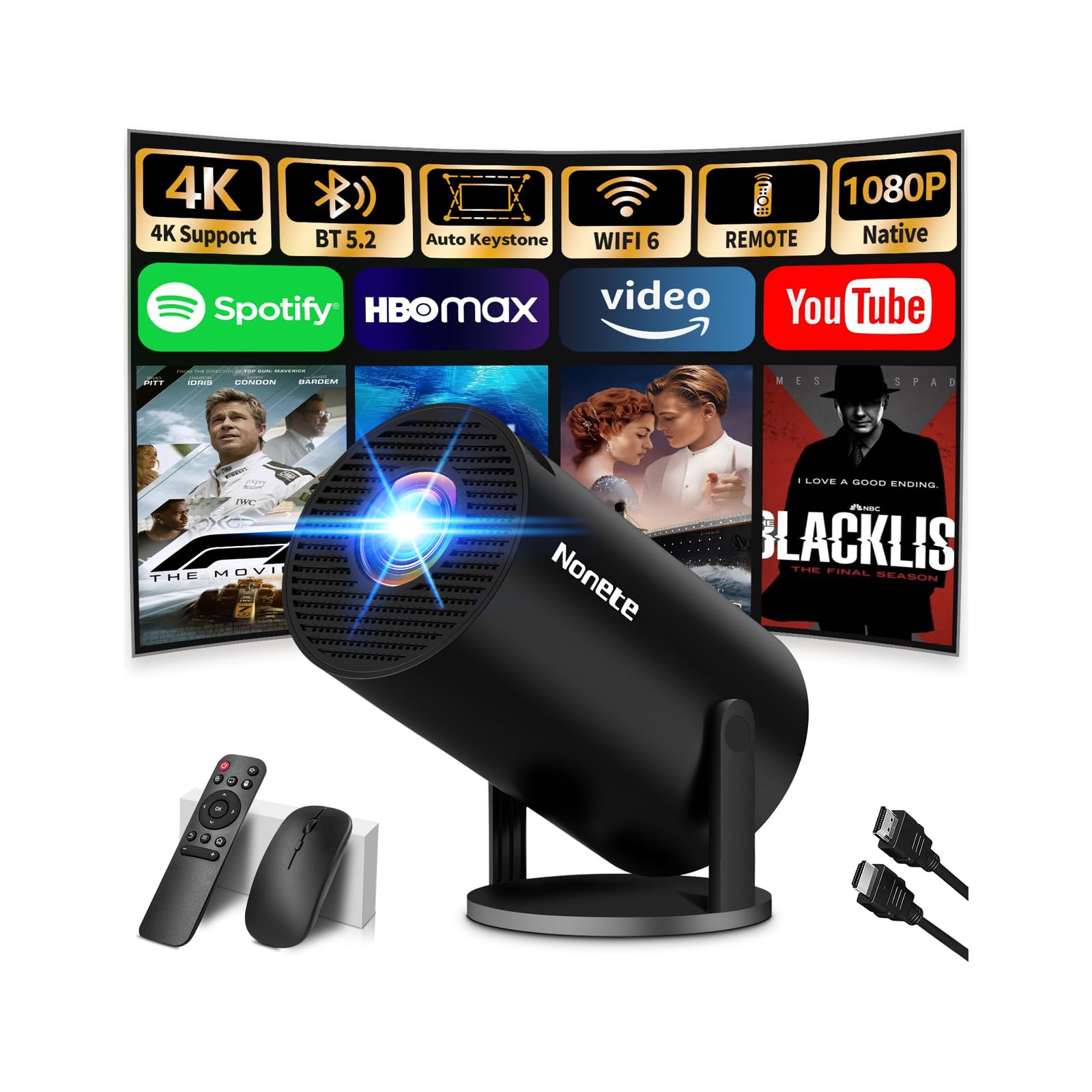 Photo 1 of [2026 Upgraded] Mini Projector 4K Supported 1080P FHD - Auto Keystone 270° Rotatable, WiFi 6 & Bluetooth 5.2, Smart Android TV OS, Portable Projector Compatible with HDMI/TV Stick/Laptop/Phone(Black)