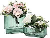 Vista 32 de Jarrones de vidrio acanalado, juego de 2 jarrones estriados para flores, florero de vidrio ámbar para tulipanes, jarrón moderno para sala de estar