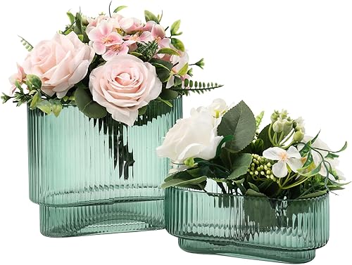 Miniatura 8 de Jarrón redondo de cristal, floreros para ramo, jarrones de vidrio acanalado para flores, pequeño jarrón transparente para sala de estar, oficina,