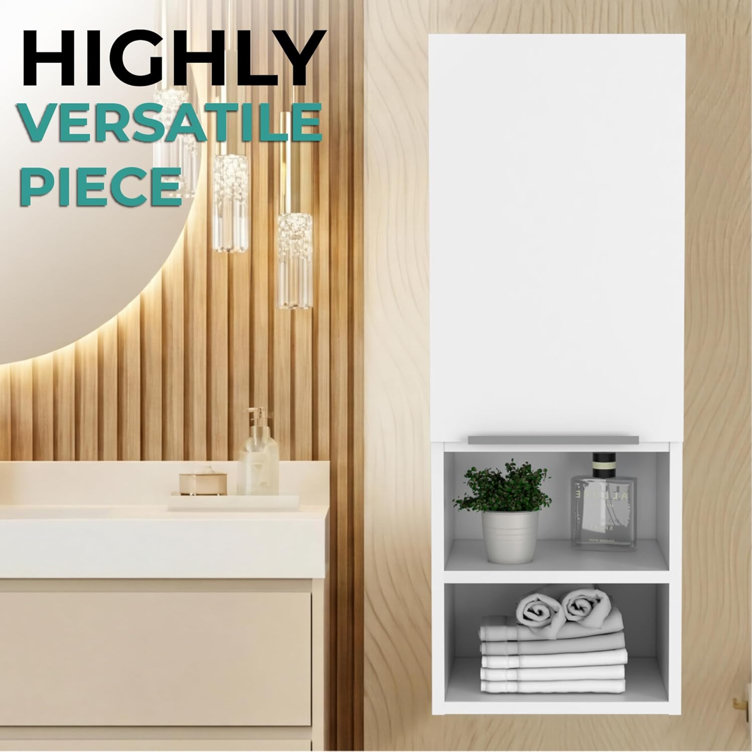 Mila Bathroom Cabinet with Single-Door Compartment, Two Interior Shelves, Dual External Open Shelves and Space-Saving Wall Design for Organized Storage, Daily Essentials Access and Modern Bathroom