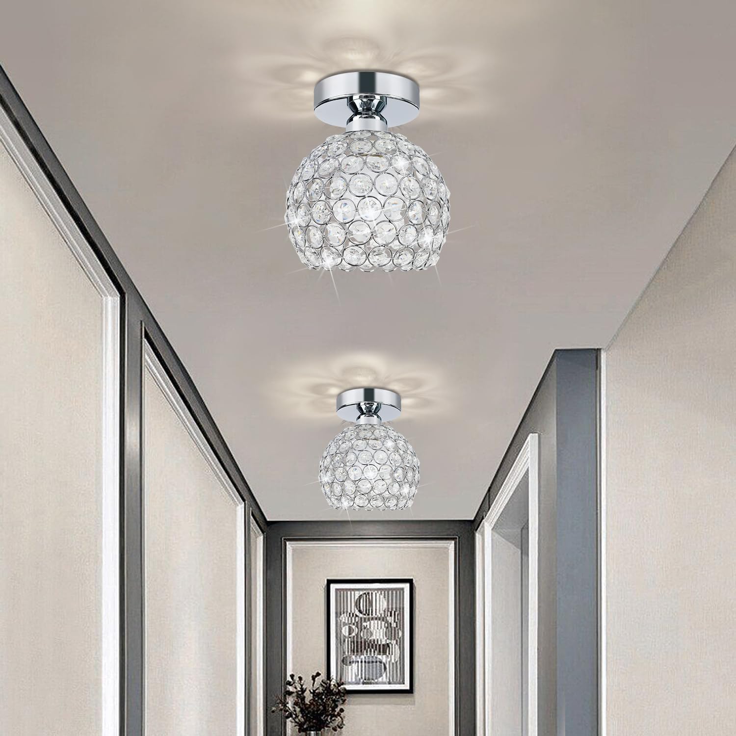 TISLYCO Small Chandelier for Hallway, Modern Semi Flush Mount Light Fixture Silver Crystal Chandelier, Ceiling Light Fixture for Foyer Closet Entryway Kitchen Bedroom Dining Room