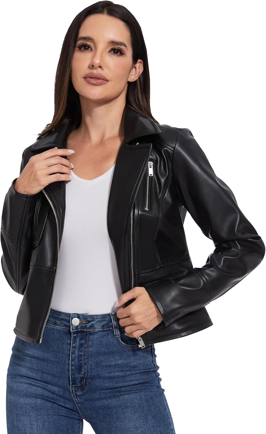 Fahsyee Faux Leather Jacket Women - Black Motorcycle Short Coat Moto Biker Blazer Casual Pleather Jackets Fashion S-XXL - Image 2