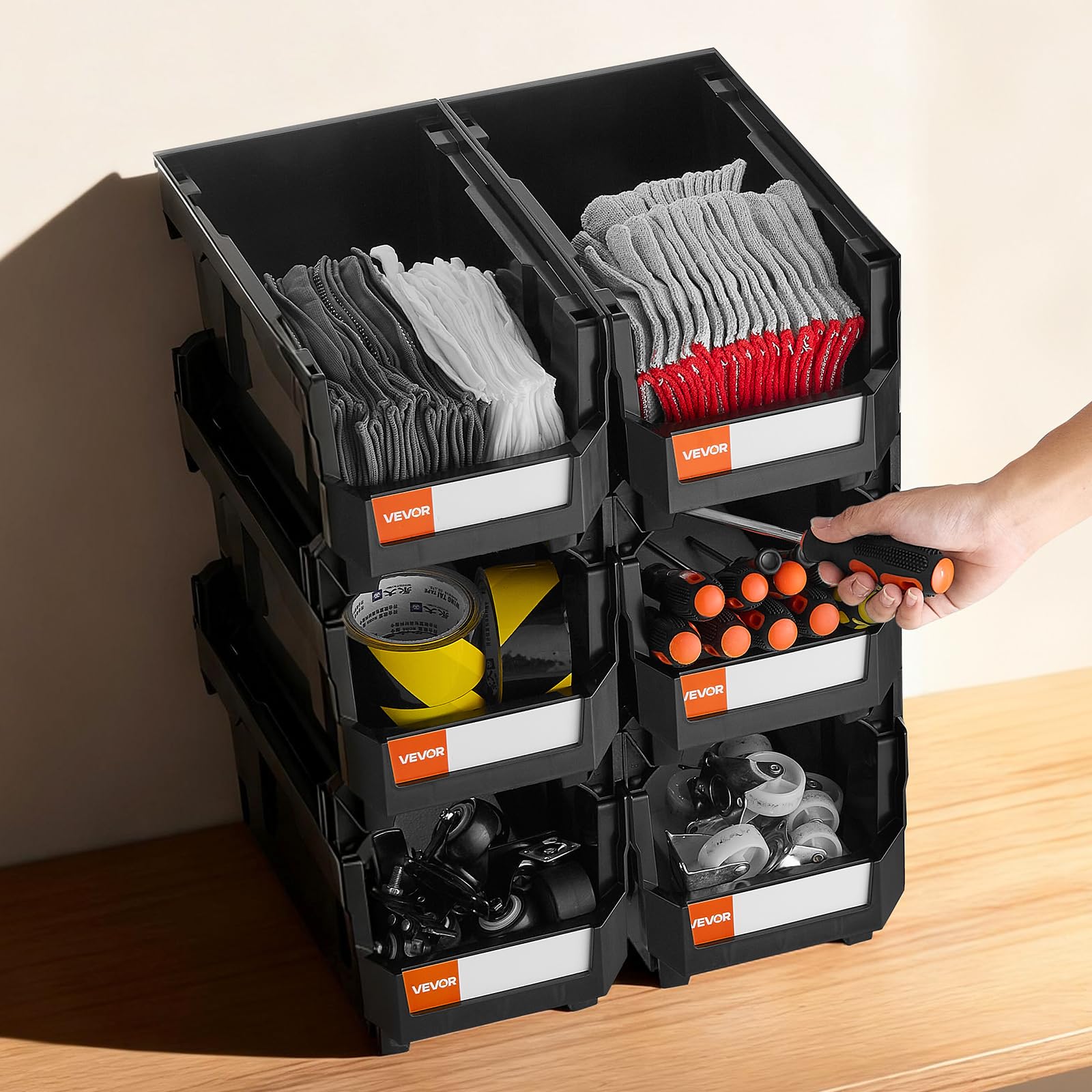 VEVOR Contenitori Impilabili in Plastica, 377 x 215 x 180 mm, 6 Pezzi, Contenitori in Plastica per Organizzare Oggetti in Armadio, Garage, Piccole Parti, Forniture per Ufficio, Altri Accessori, Nero