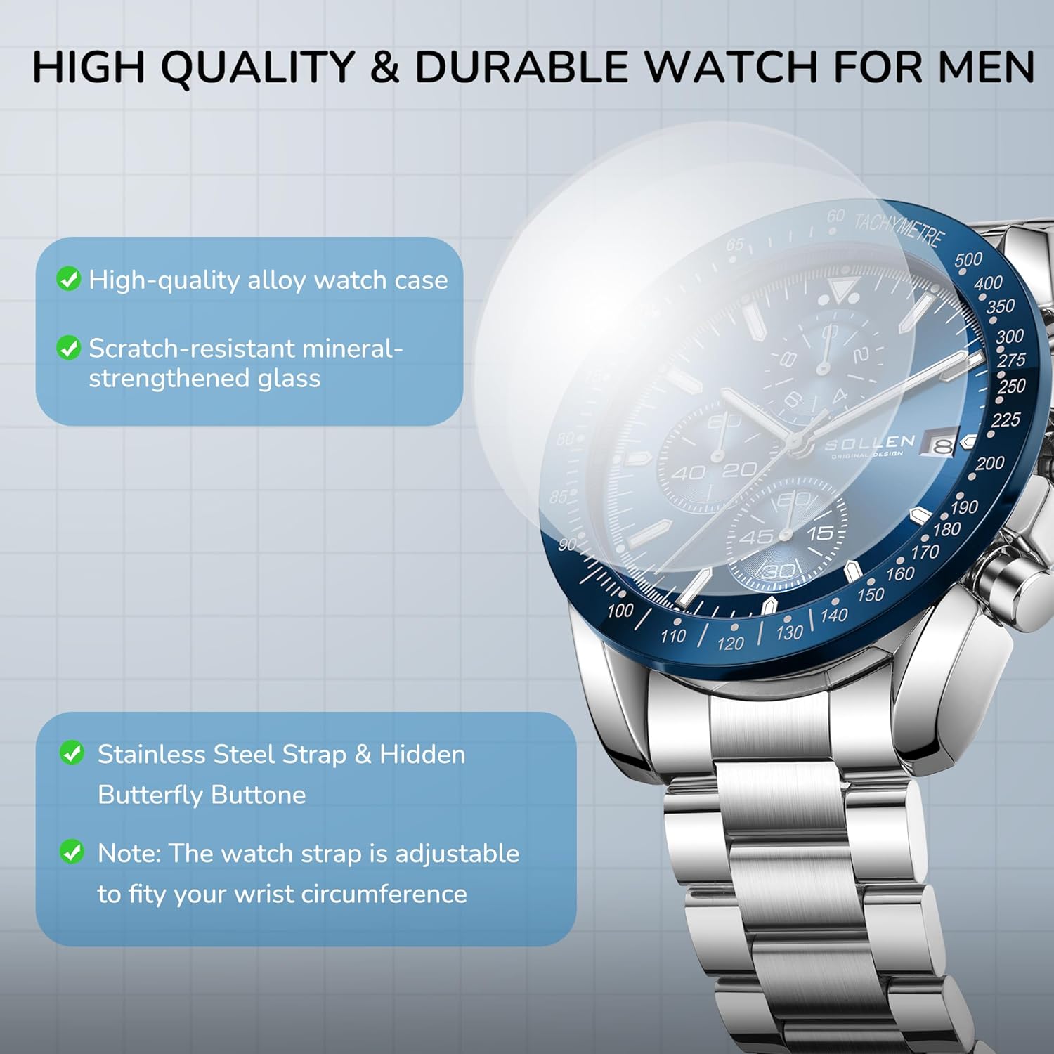 SOLLEN Mens Chronograph Watches, Analog Quartz Watch for Men, Big Face Stainless Steel Watch with Calendar, 30M Waterproof Business Work Casual Dress Designer Mens Wrist Watches, Elegant Gifts for Men - Image 8