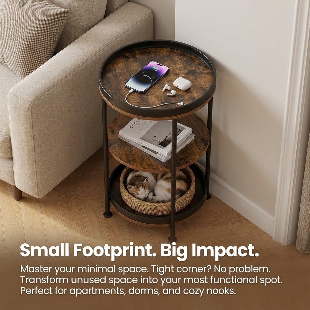 Dulcii Side Table, Round End Table with 3 Storage Shelves for Living Room, Bedroom, Nightstand with Steel Frame for Small Spaces, Industrial Round Sofa Table, Outdoor Accent Coffee Table, Rustic Brown