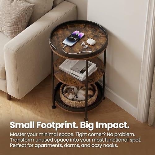Miniatura 8 de Dulcii - Mesa auxiliar redonda con 3 estantes de almacenamiento para sala de estar, dormitorio, mesita de noche con estructura de acero para Marrón