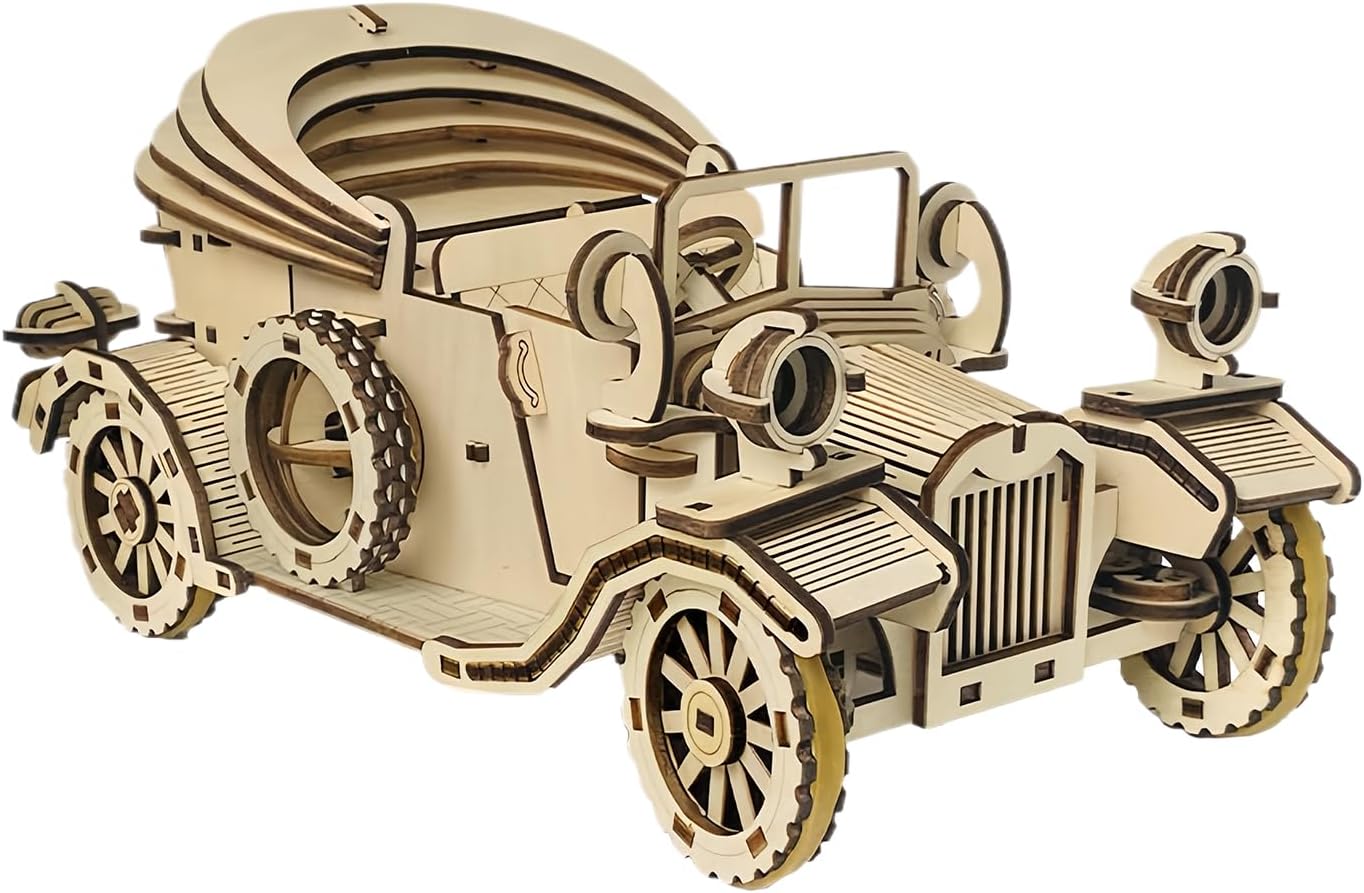 大人向け 3D ウッドパズルカー | メカニカル自動車模型 脳トレ難問パズル | コレクティブビンテージ車木材クラフトホビー クリス